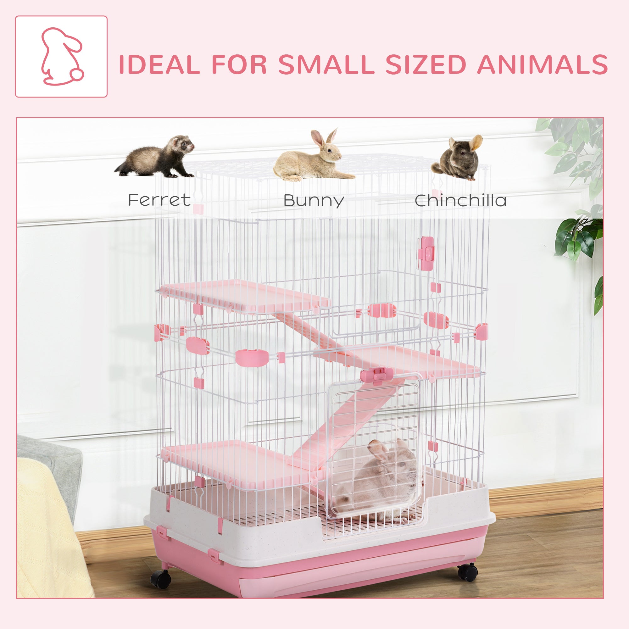 PawHut 4-Level Small Animal Cage, Indoor Bunny House, for Ferrets, Chinchillas w/ Wheels, Slide-Out Tray, Pink, 81 x 52.5 x 114 cm