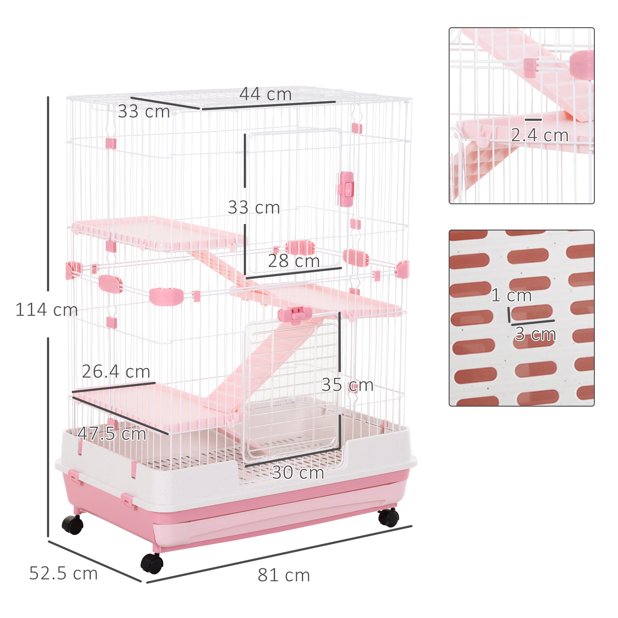 PawHut 4-Level Small Animal Cage, Indoor Bunny House, for Ferrets, Chinchillas w/ Wheels, Slide-Out Tray, Pink, 81 x 52.5 x 114 cm