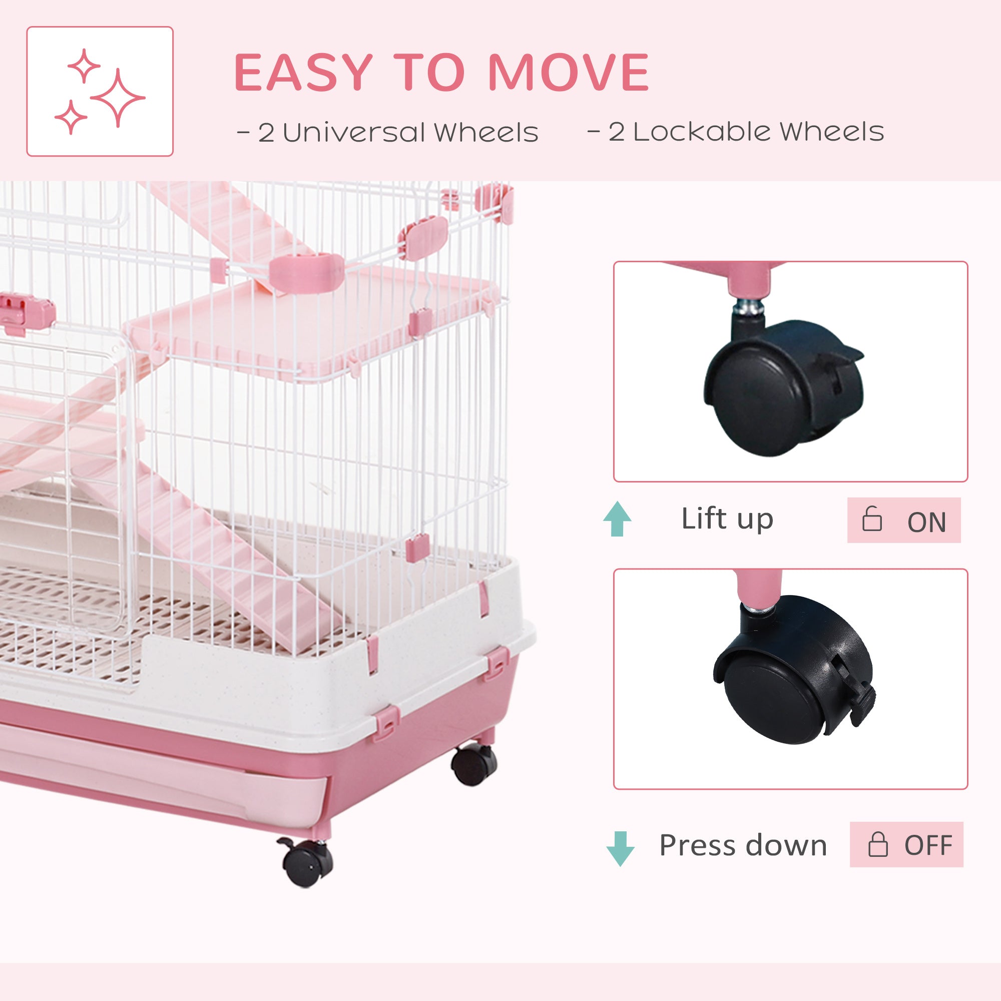 PawHut 45"H 4-Level Small Animal Cage Rabbit Hutch with Universal Lockable Wheels, Slide-Out Tray for Bunny, Chinchillas, Ferret, Pink