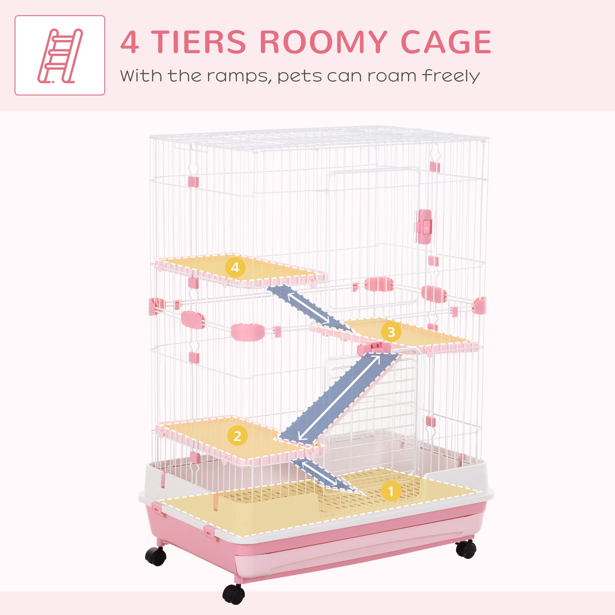 PawHut 4-Level Small Animal Cage, Indoor Bunny House, for Ferrets, Chinchillas w/ Wheels, Slide-Out Tray, Pink, 81 x 52.5 x 114 cm