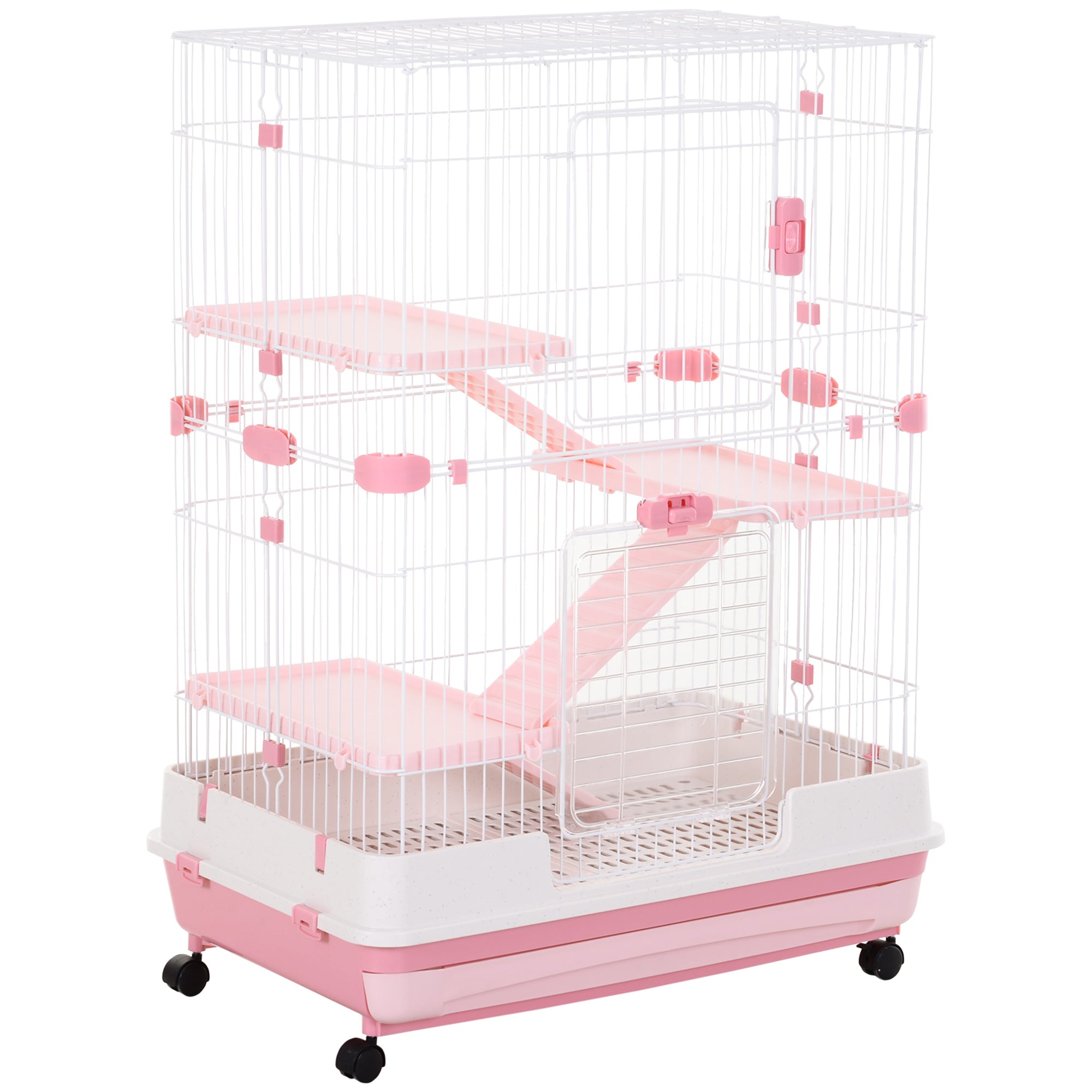 PawHut 4-Level Small Animal Cage, Indoor Bunny House, for Ferrets, Chinchillas w/ Wheels, Slide-Out Tray, Pink, 81 x 52.5 x 114 cm