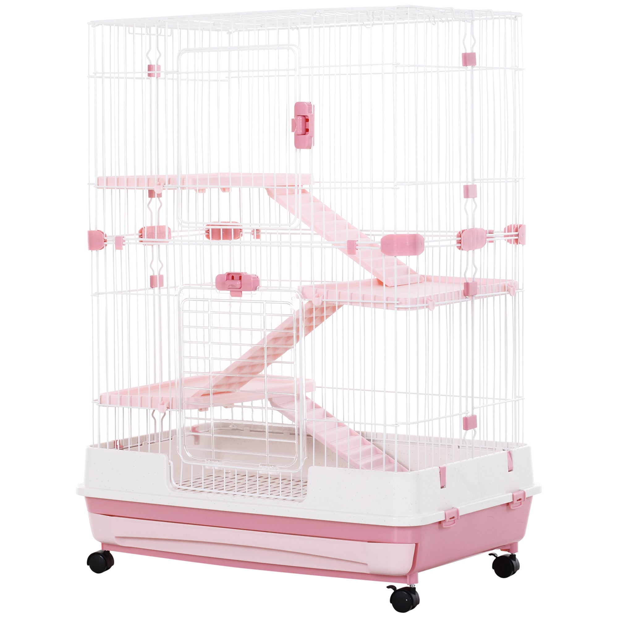 PawHut 4-Level Small Animal Cage, Indoor Bunny House, for Ferrets, Chinchillas w/ Wheels, Slide-Out Tray, Pink, 81 x 52.5 x 114 cm