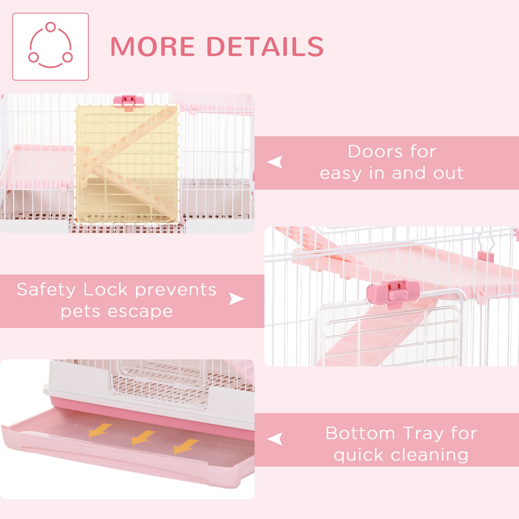PawHut 4-Level Small Animal Cage, Indoor Bunny House, for Ferrets, Chinchillas w/ Wheels, Slide-Out Tray, Pink, 81 x 52.5 x 114 cm