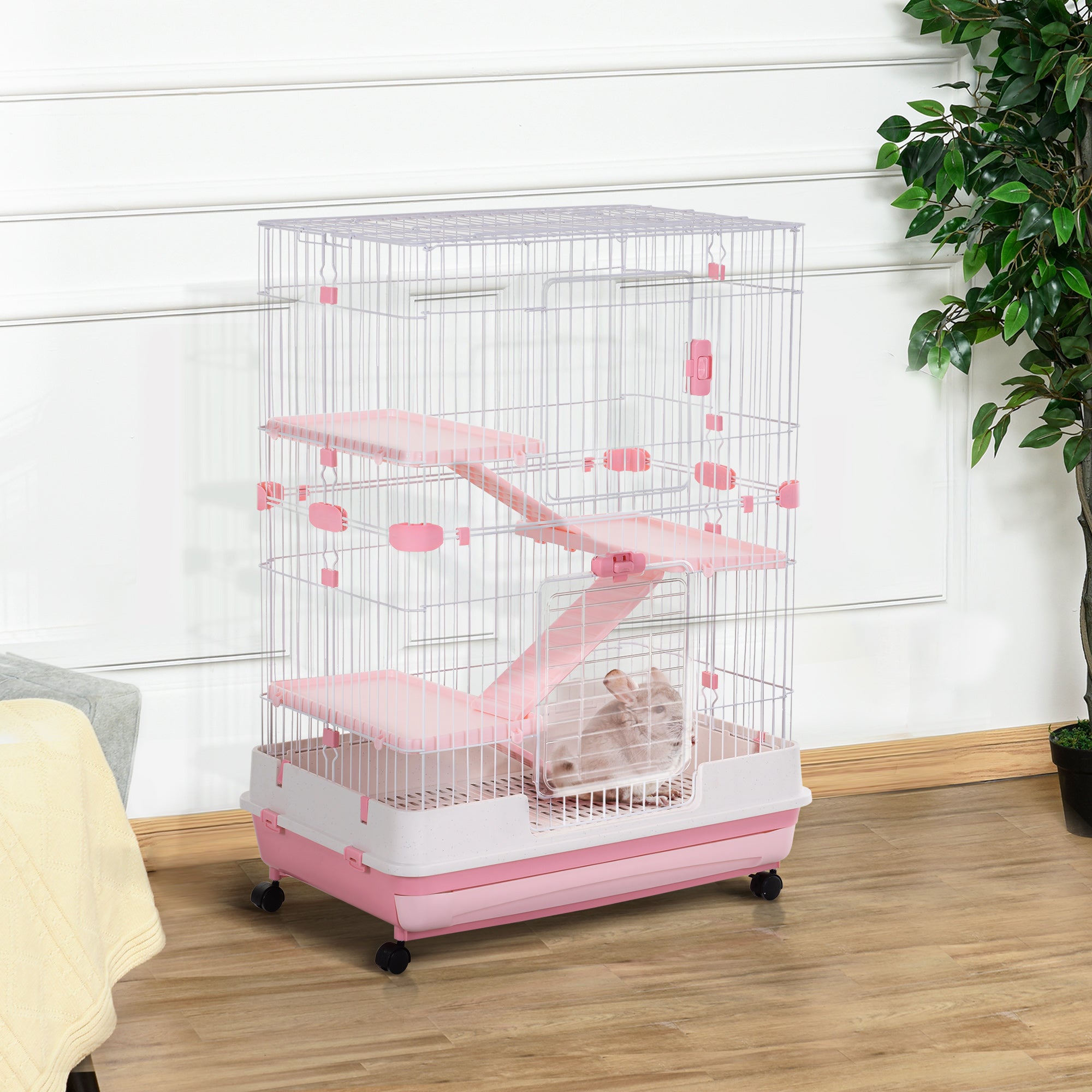 PawHut 4-Level Small Animal Cage, Indoor Bunny House, for Ferrets, Chinchillas w/ Wheels, Slide-Out Tray, Pink, 81 x 52.5 x 114 cm