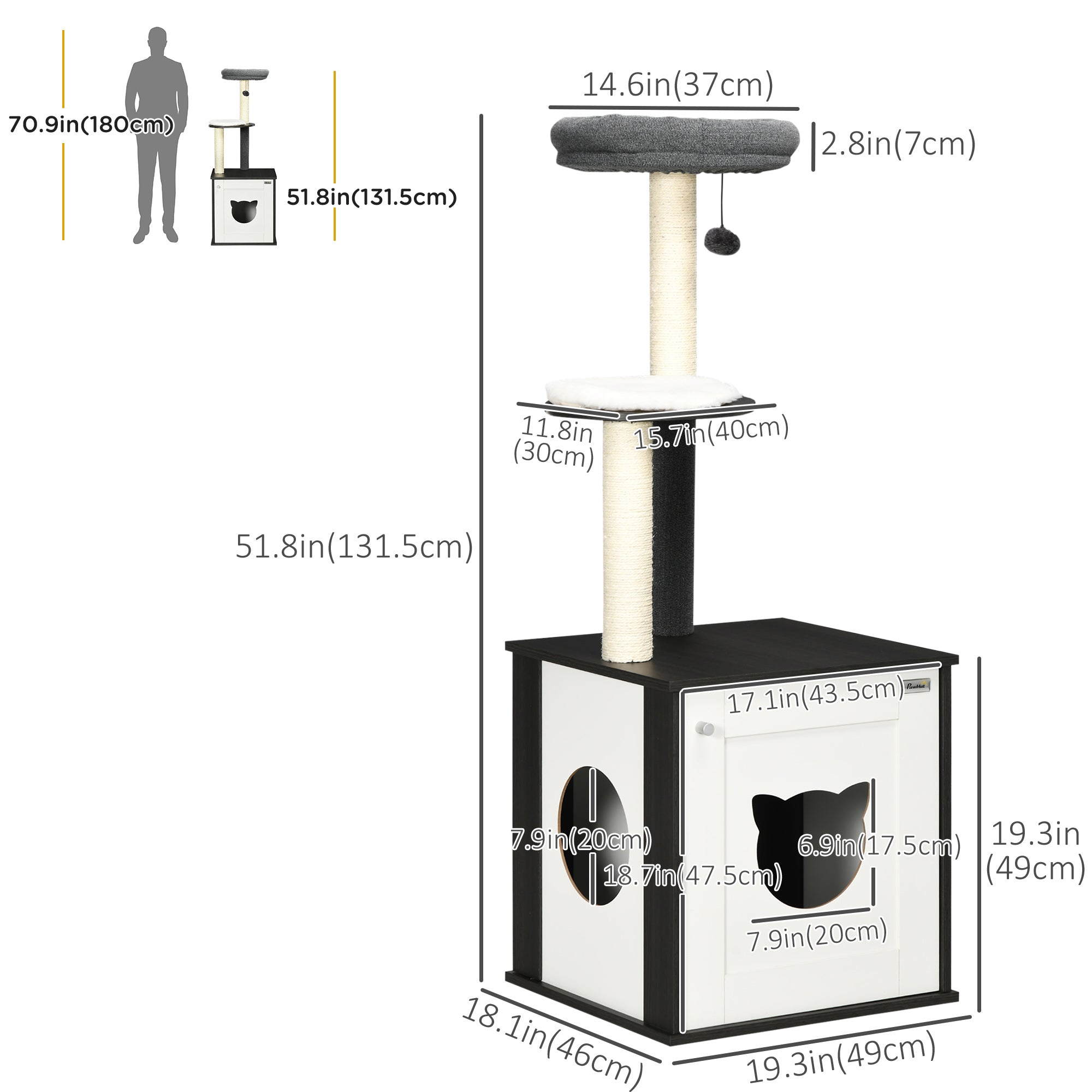 PawHut Cat Tree with Litter Box Enclosure, Kitty Tower with Scratching Posts Cat Bed Perch Ball Toy, for Indoor Cats, Charcoal Grey