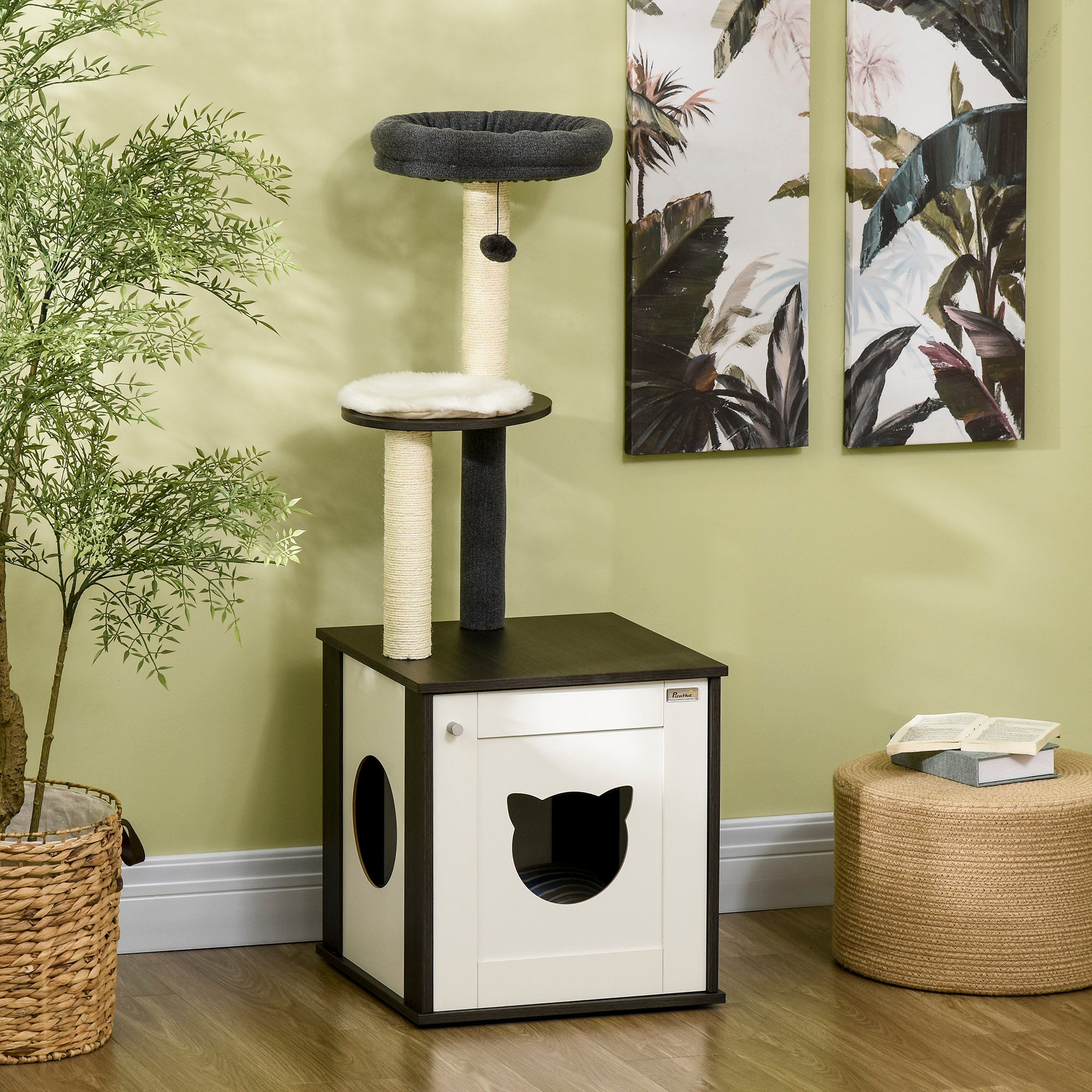 PawHut Cat Tree with Litter Box Enclosure, Kitty Tower with Scratching Posts Cat Bed Perch Ball Toy, for Indoor Cats, Charcoal Grey