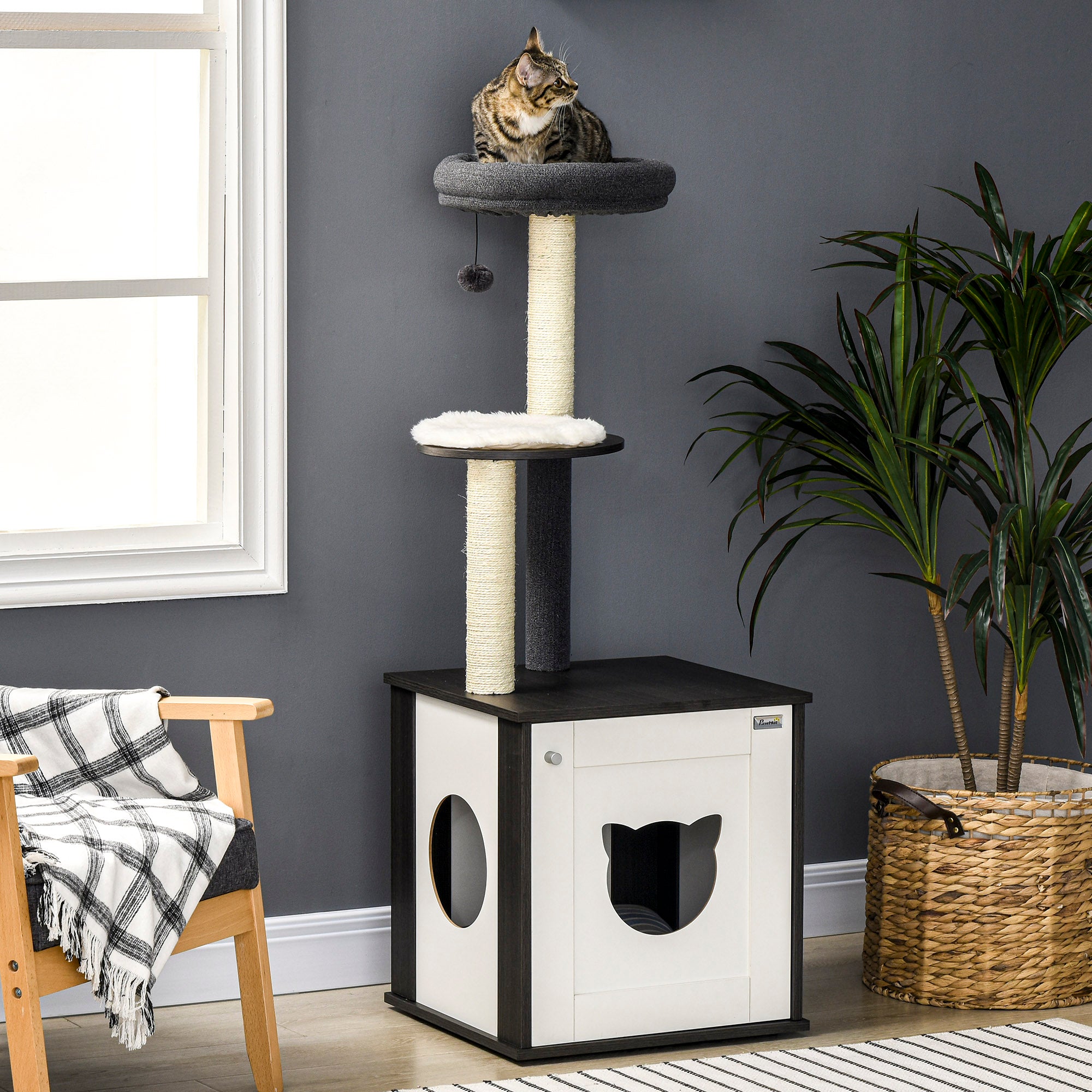 PawHut Cat Tree with Litter Box Enclosure, Kitty Tower with Scratching Posts Cat Bed Perch Ball Toy, for Indoor Cats, Charcoal Grey