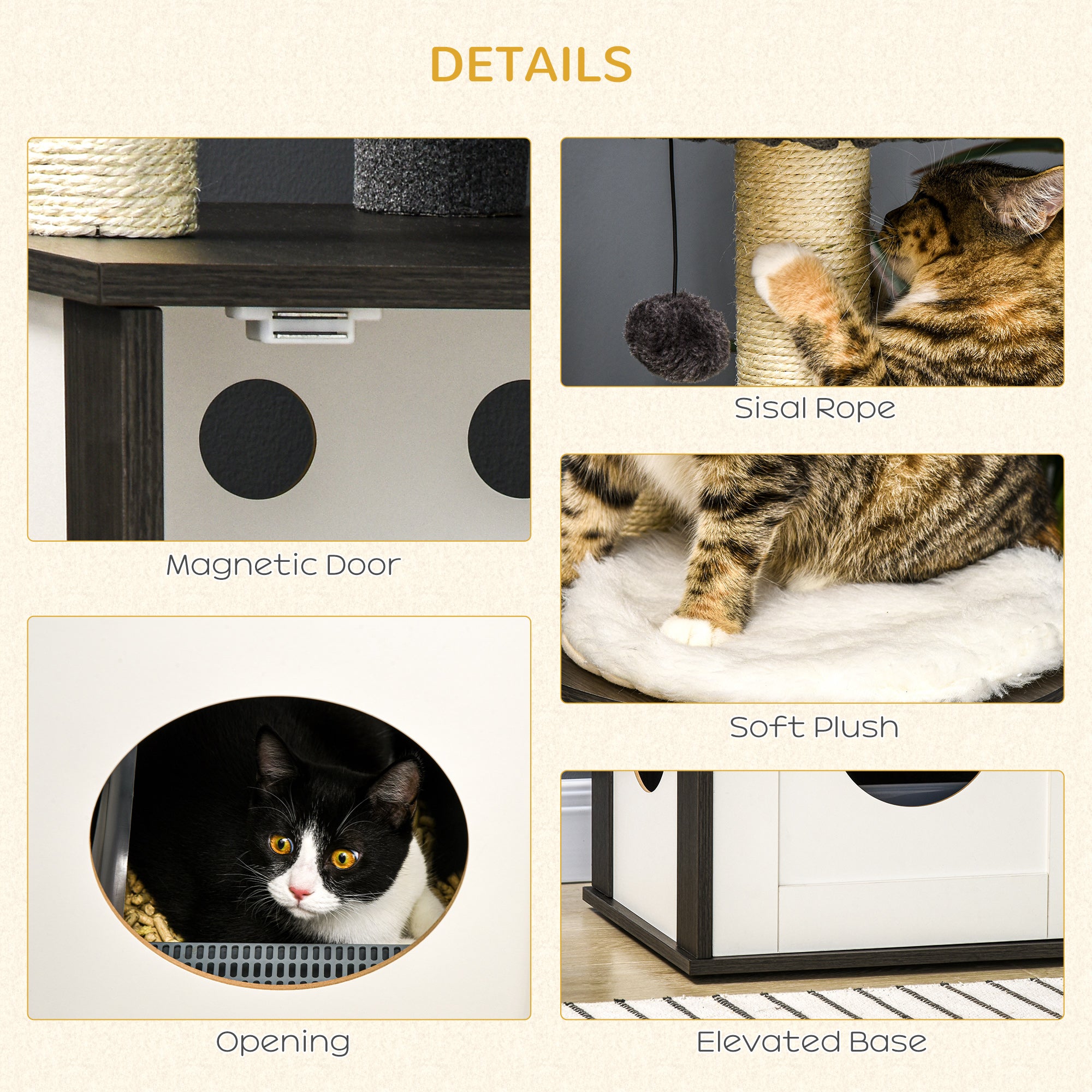 PawHut Cat Tree with Litter Box Enclosure, Kitty Tower with Scratching Posts Cat Bed Perch Ball Toy, for Indoor Cats, Charcoal Grey