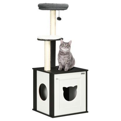 PawHut Cat Tree with Litter Box Enclosure, Kitty Tower with Scratching Posts Cat Bed Perch Ball Toy, for Indoor Cats, Charcoal Grey