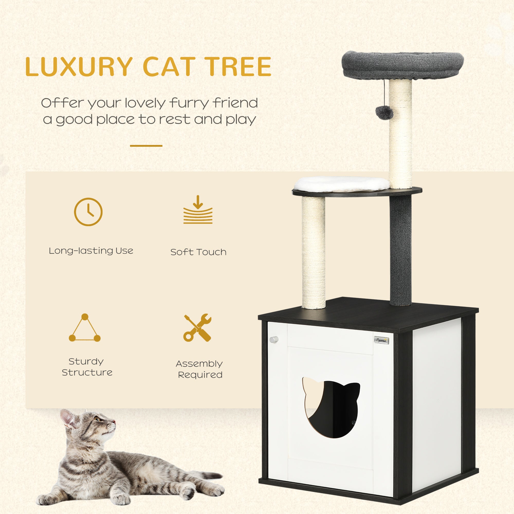 PawHut Cat Tree with Litter Box Enclosure, Kitty Tower with Scratching Posts Cat Bed Perch Ball Toy, for Indoor Cats, Charcoal Grey