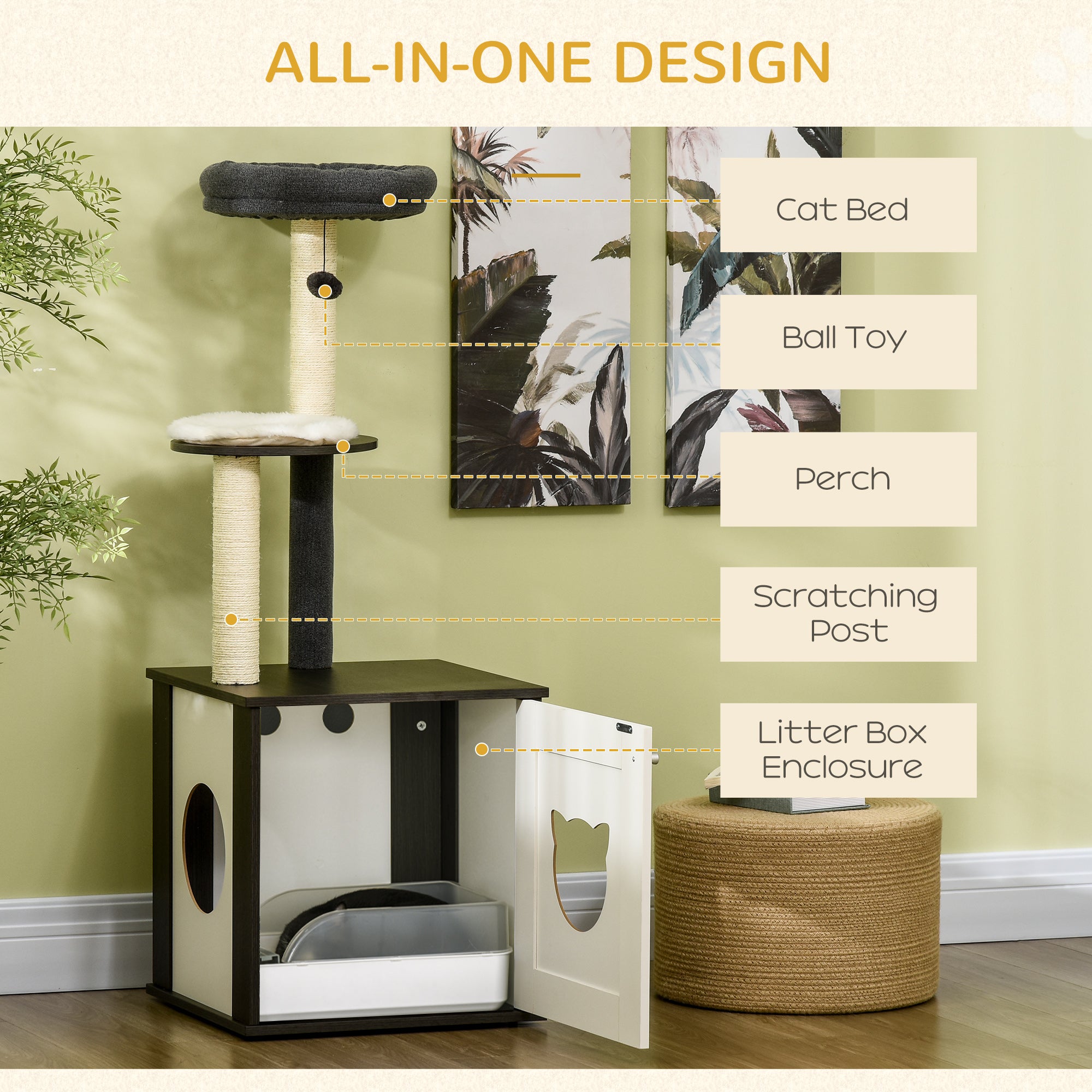 PawHut Cat Tree with Litter Box Enclosure, Kitty Tower with Scratching Posts Cat Bed Perch Ball Toy, for Indoor Cats, Charcoal Grey