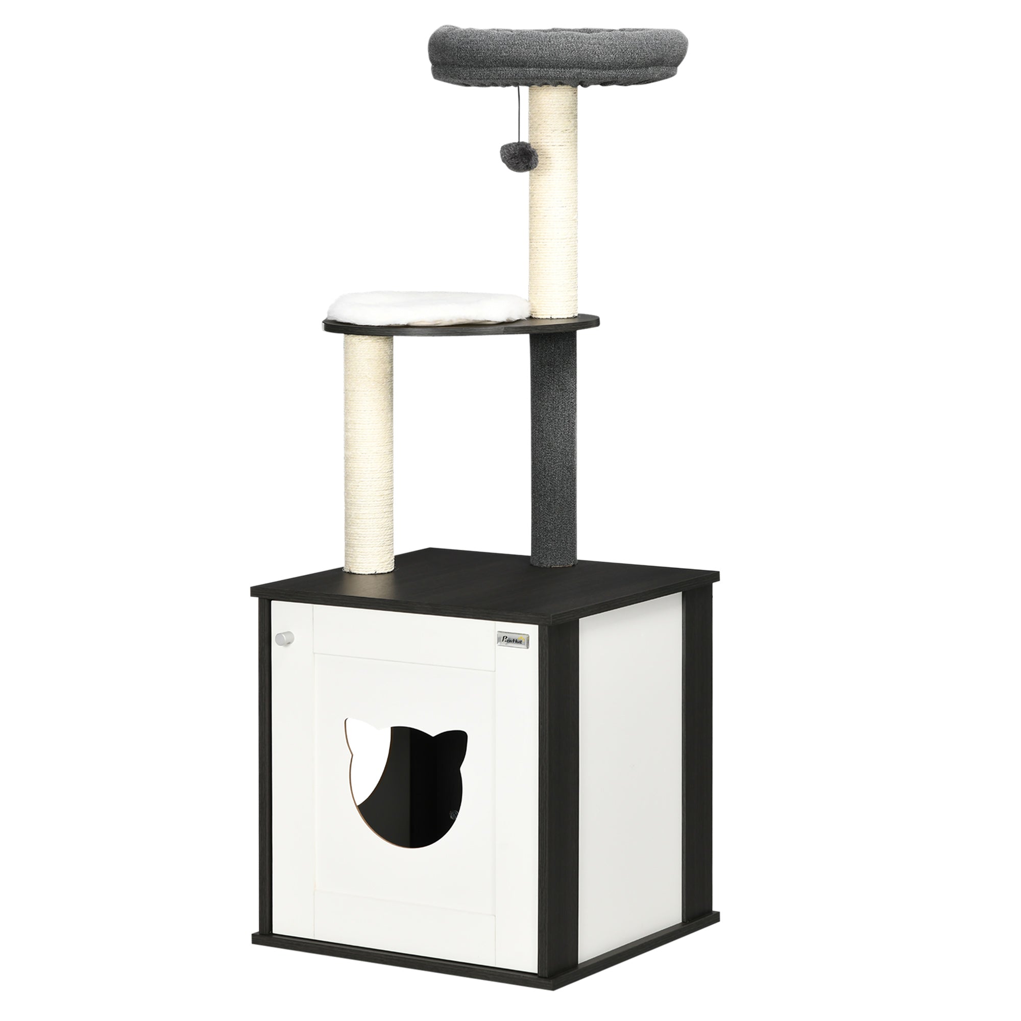 PawHut Cat Tree with Litter Box Enclosure, Kitty Tower with Scratching Posts Cat Bed Perch Ball Toy, for Indoor Cats, Charcoal Grey