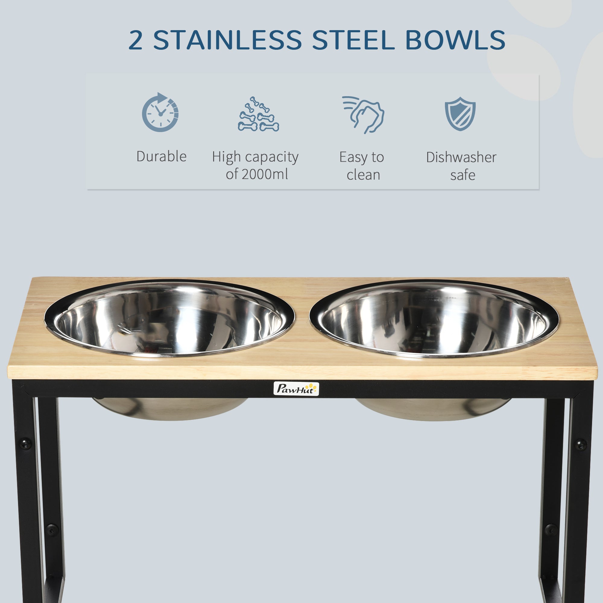 PawHut Elevated Dog Bowls with Stand, Raised Dog Feeder for Large Sized Dogs, Natural