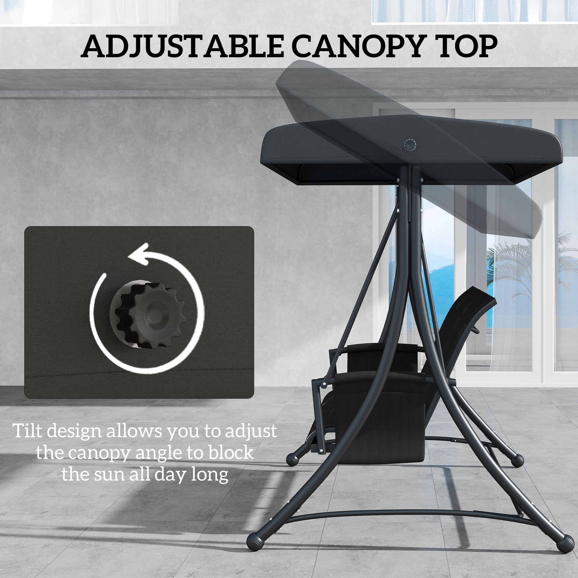 Outsunny 3 Person Porch Swing, Outdoor Swing Chair with High Back Design, Side Pouches and Adjustable Canopy, Black