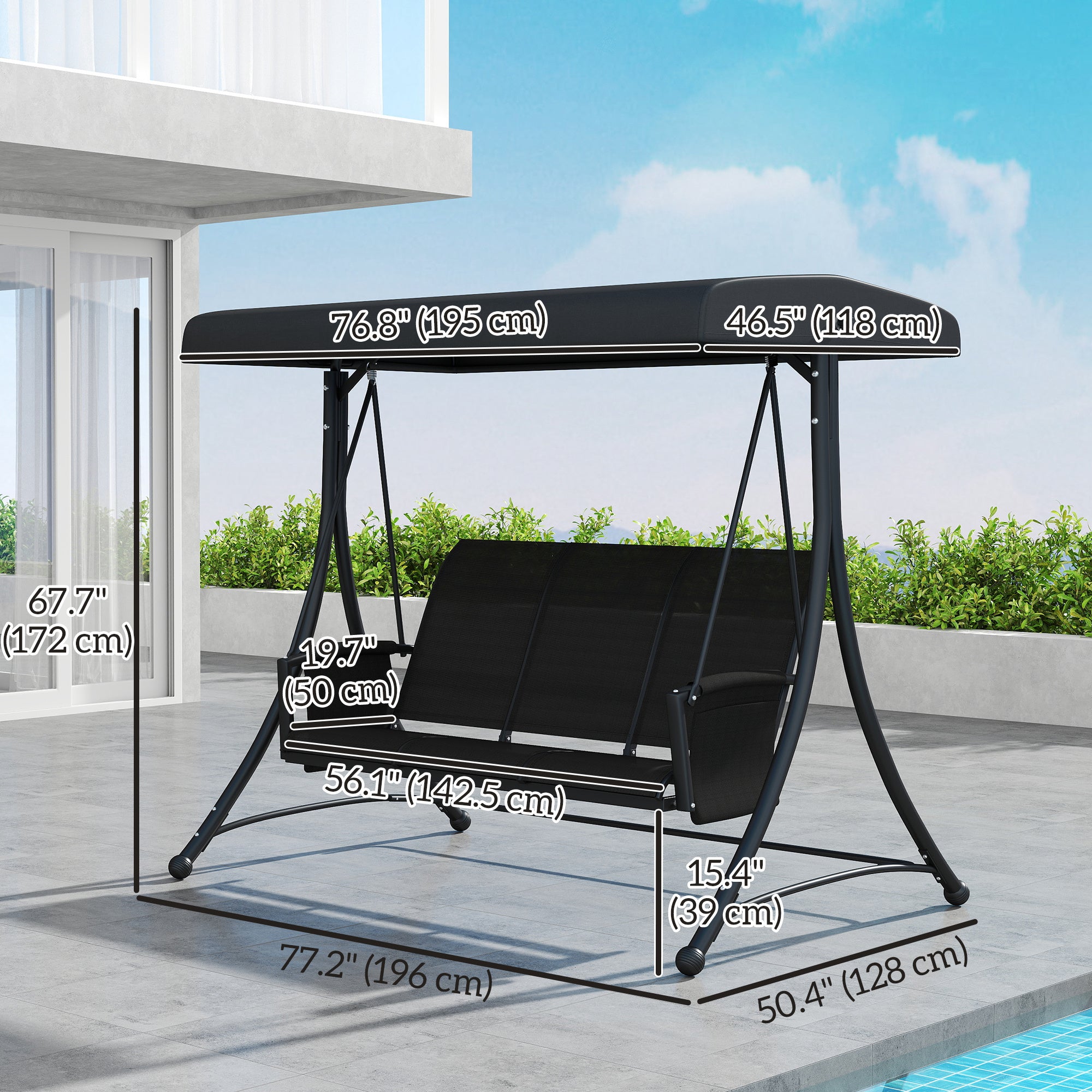 Outsunny 3 Person Porch Swing, Outdoor Swing Chair with High Back Design, Side Pouches and Adjustable Canopy, Black