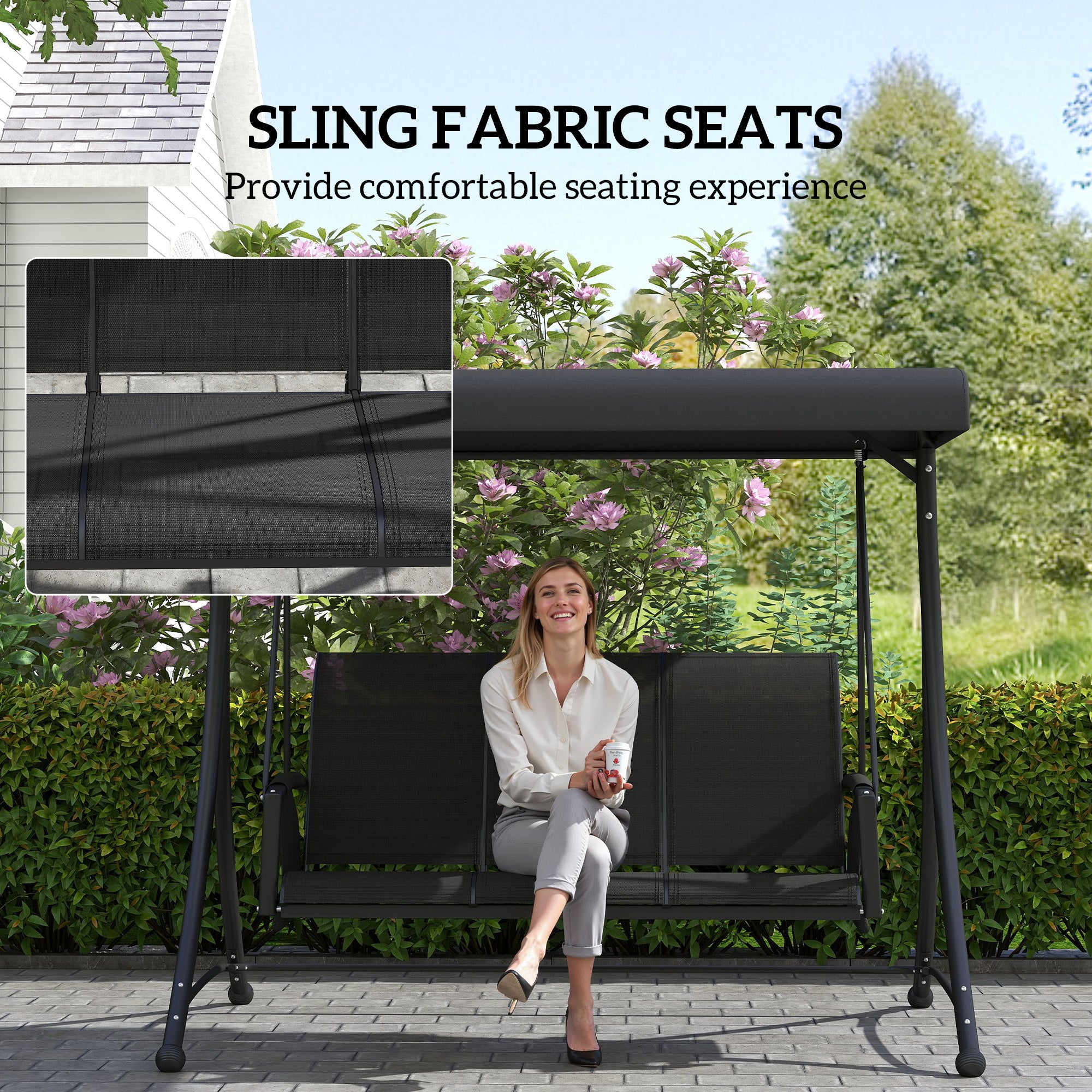 Outsunny 3 Person Porch Swing, Outdoor Swing Chair with High Back Design, Side Pouches and Adjustable Canopy, Black