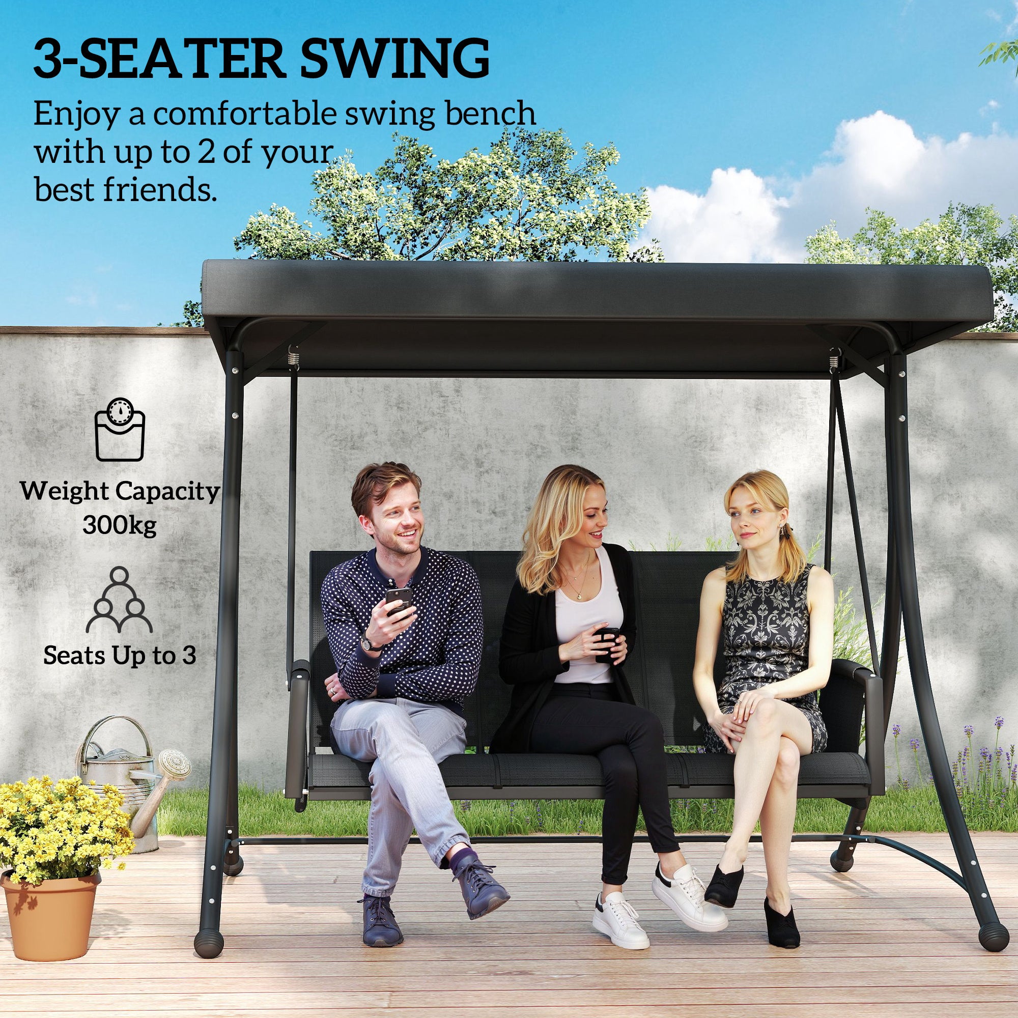Outsunny 3 Person Porch Swing, Outdoor Swing Chair with High Back Design, Side Pouches and Adjustable Canopy, Black