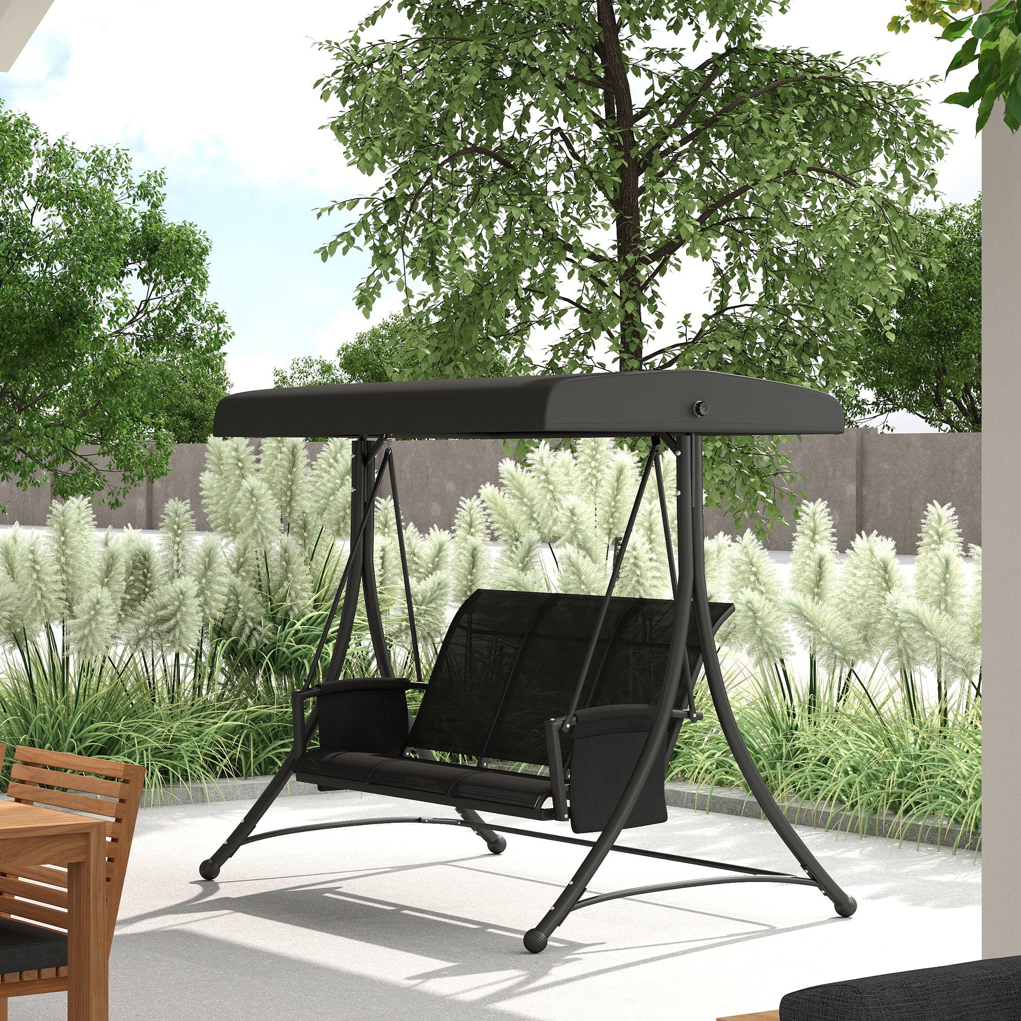 Outsunny 3 Person Porch Swing, Outdoor Swing Chair with High Back Design, Side Pouches and Adjustable Canopy, Black