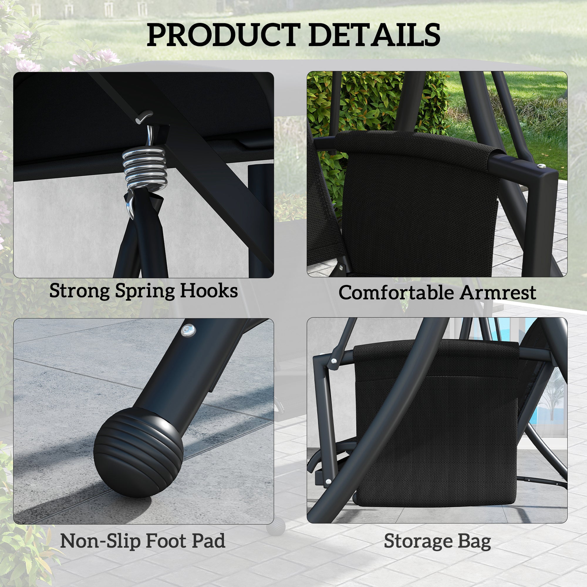 Outsunny 3 Person Porch Swing, Outdoor Swing Chair with High Back Design, Side Pouches and Adjustable Canopy, Black