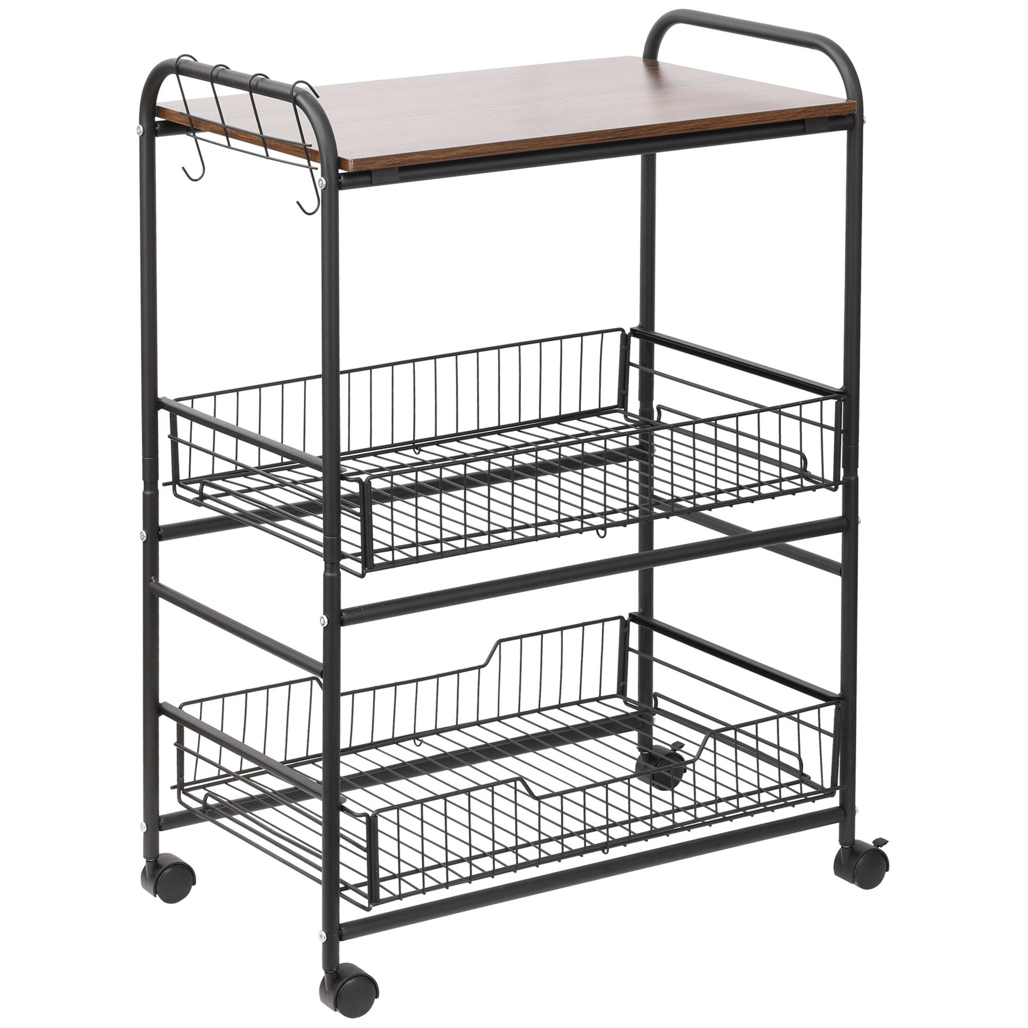 HOMCOM Rolling Kitchen Cart, 3-Tier Utility Storage Cart with 2 Basket Drawers & Side Hooks, Lockable Casters for Dining Room