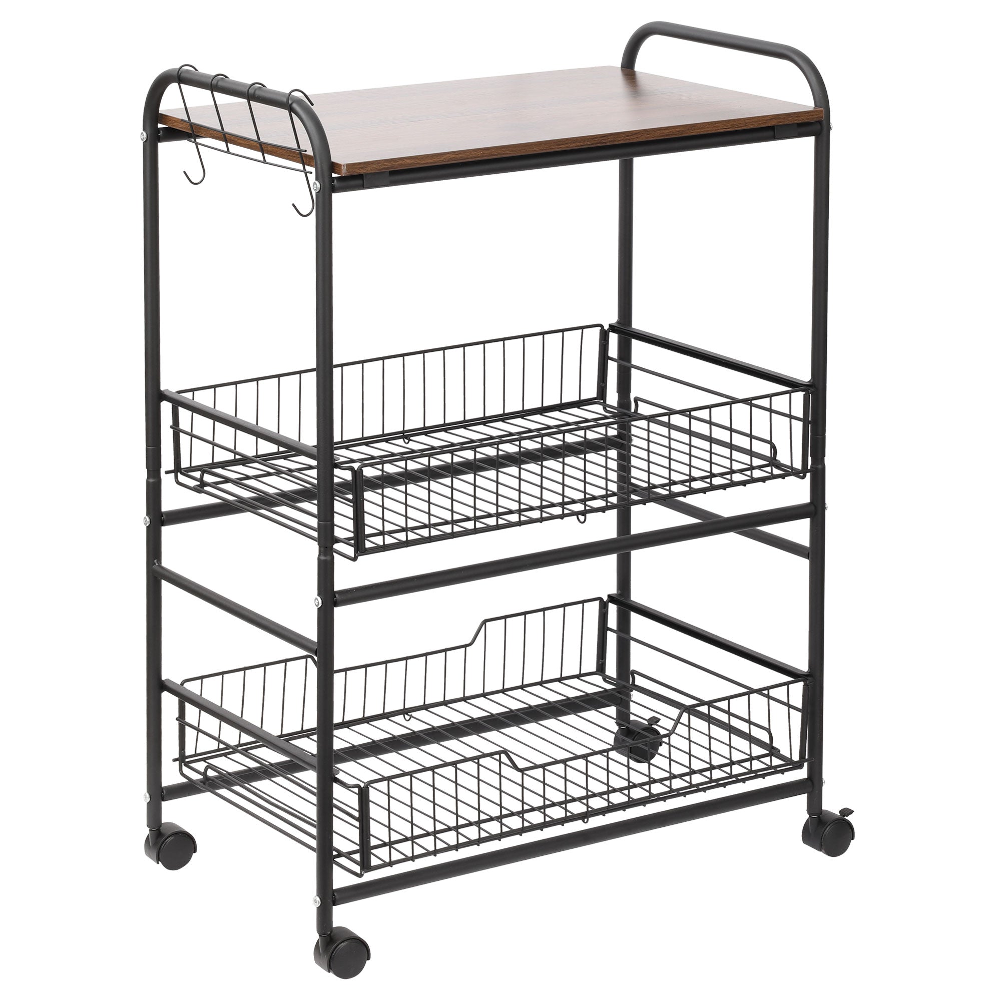 HOMCOM Rolling Kitchen Cart, 3-Tier Utility Storage Cart with 2 Basket Drawers & Side Hooks, Lockable Casters for Dining Room