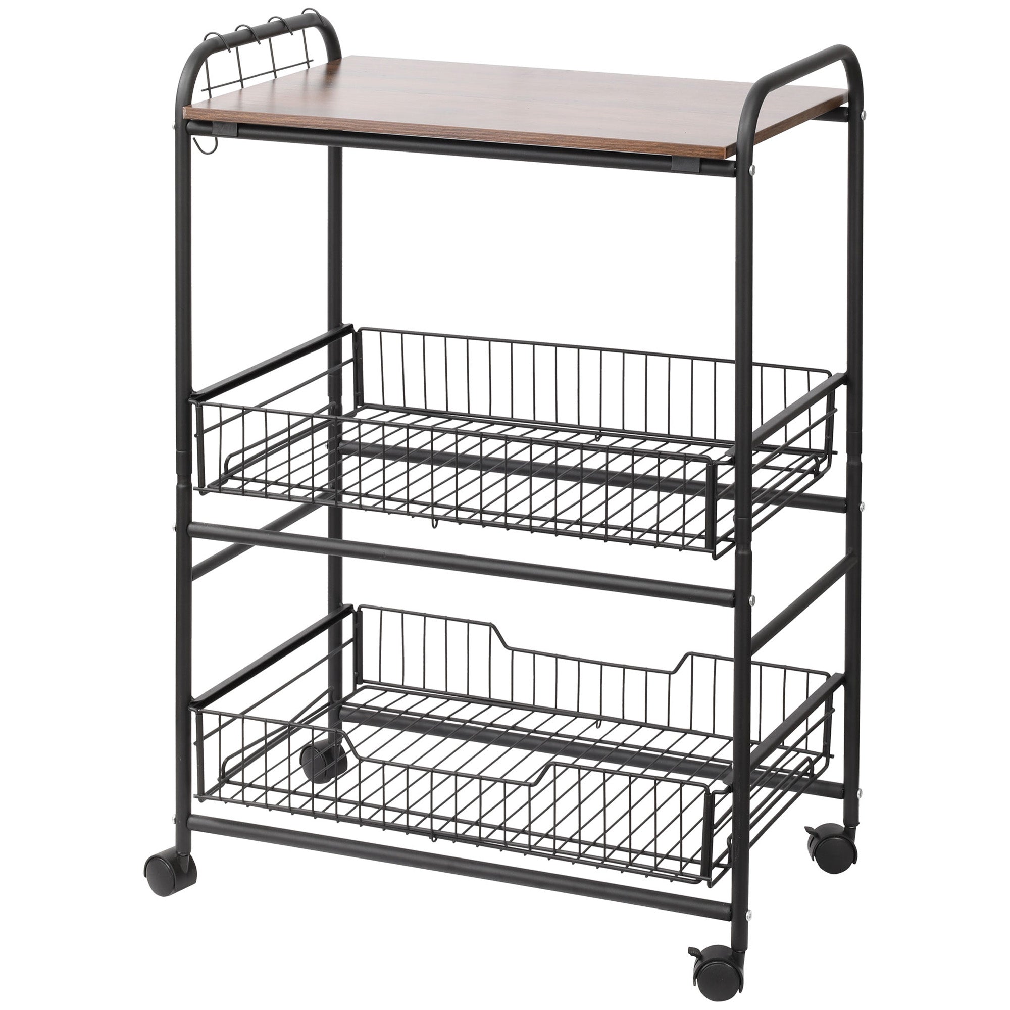 HOMCOM Rolling Kitchen Cart, 3-Tier Utility Storage Cart with 2 Basket Drawers & Side Hooks, Lockable Casters for Dining Room