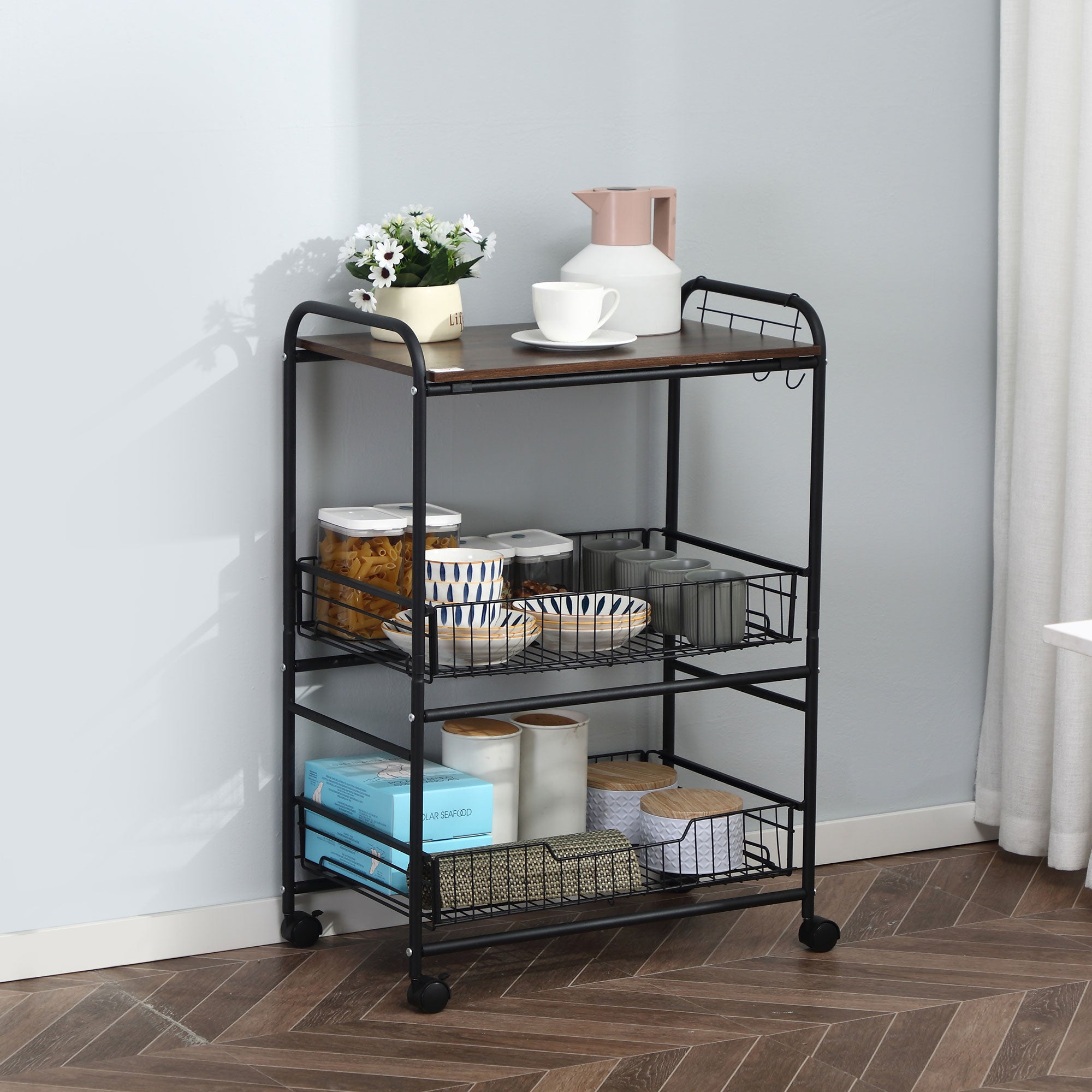HOMCOM Rolling Kitchen Cart, 3-Tier Utility Storage Cart with 2 Basket Drawers & Side Hooks, Lockable Casters for Dining Room
