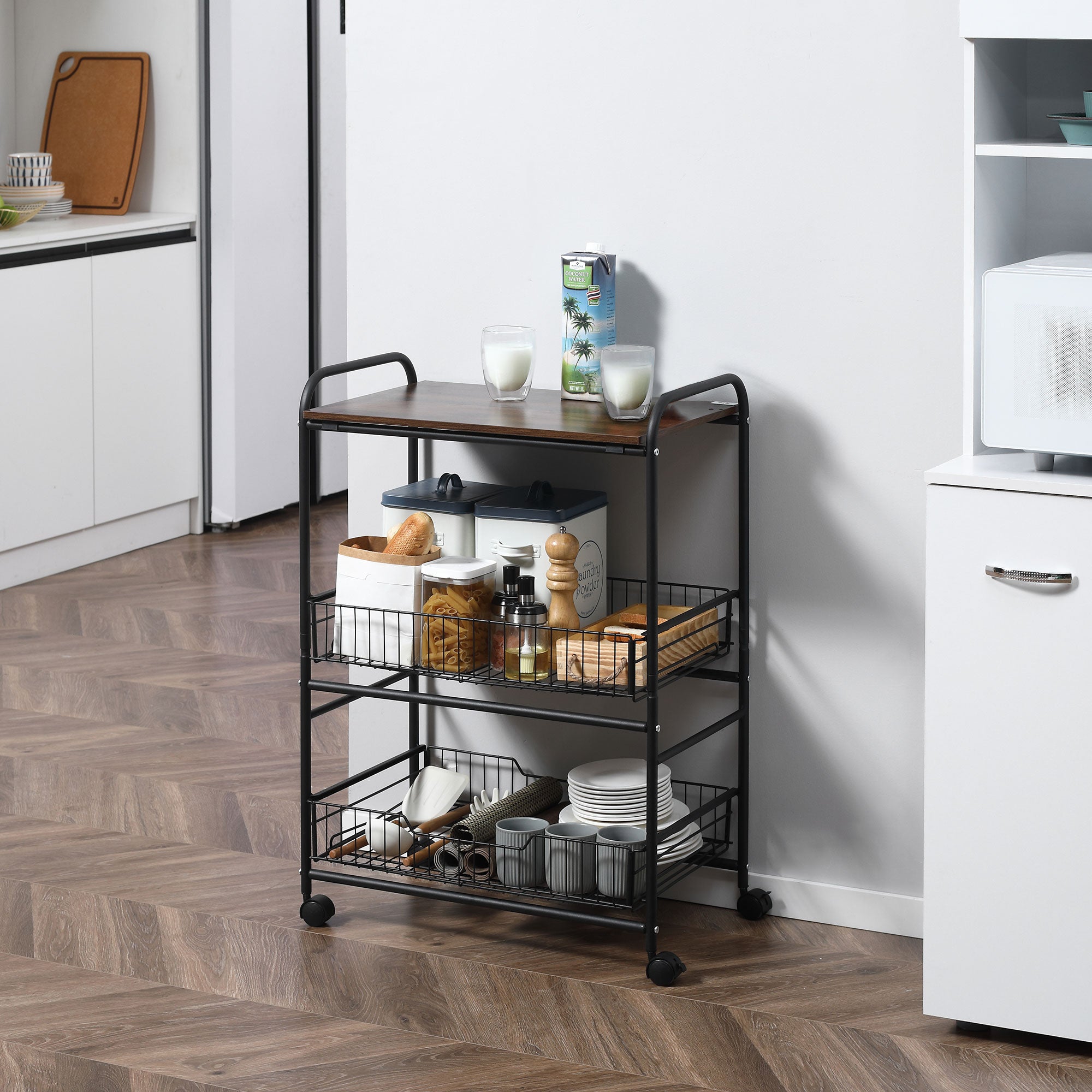 HOMCOM Rolling Kitchen Cart, 3-Tier Utility Storage Cart with 2 Basket Drawers & Side Hooks, Lockable Casters for Dining Room