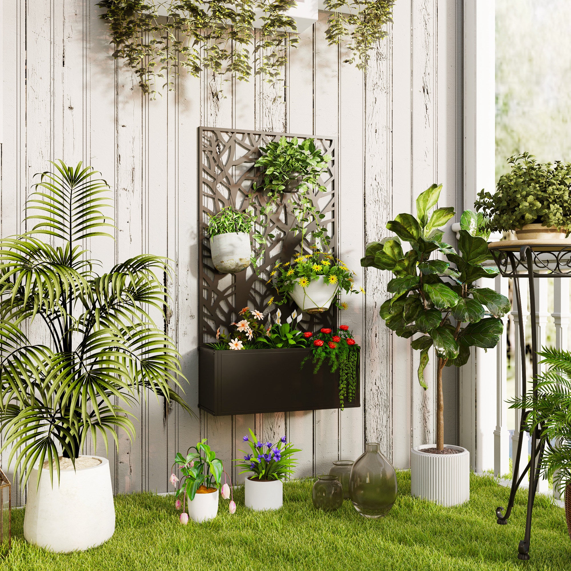 Outsunny Metal Raised Garden Bed with Trellis, Freestanding or Wall Mounted Garden Planter, Outdoor Planter Box with Privacy Panel for Garden, Patio, Balcony