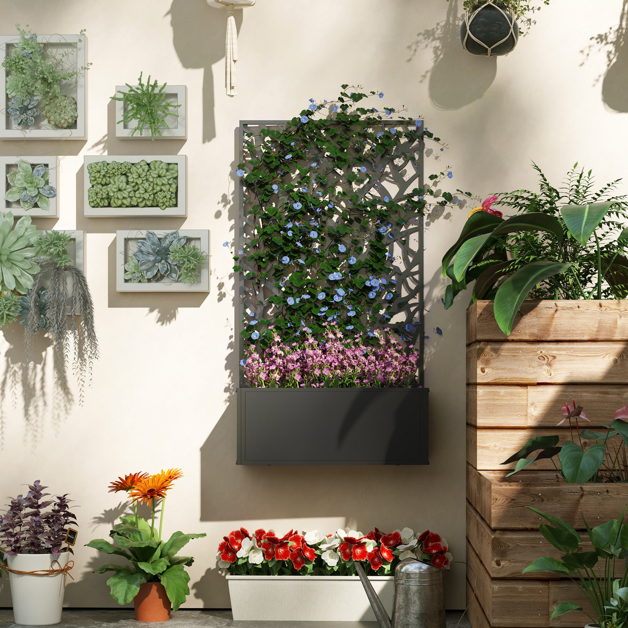 Outsunny Metal Raised Garden Bed with Trellis, Freestanding or Wall Mounted Garden Planter, Outdoor Planter Box with Privacy Panel for Garden, Patio, Balcony