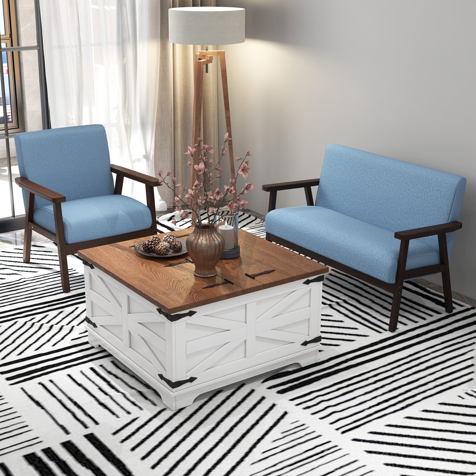 HOMCOM 48" Loveseat Sofa for Bedroom, Modern Love Seats Furniture, Upholstered 2 Seater Couch with Rubber Wood Legs for Living Room, Blue