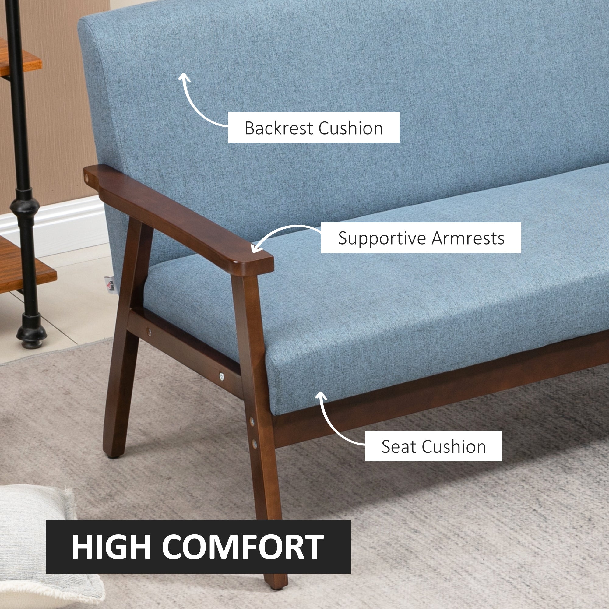 HOMCOM 48" Loveseat Sofa for Bedroom, Modern Love Seats Furniture, Upholstered 2 Seater Couch with Rubber Wood Legs for Living Room, Blue