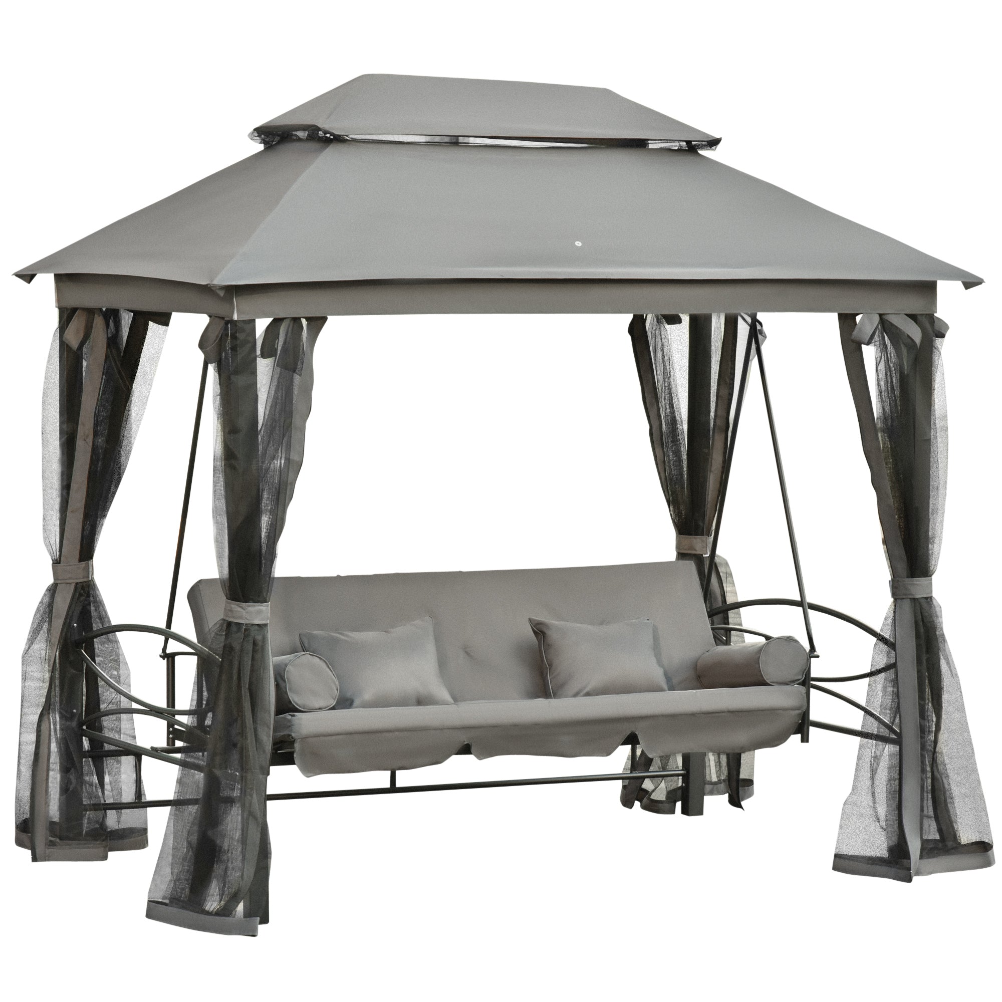 Outsunny 3 Person Outdoor Patio Daybed 3 in 1 Canopy Gazebo Swing Chair Garden Hammock with Mesh Mosquito Net and Sun Shade, Grey