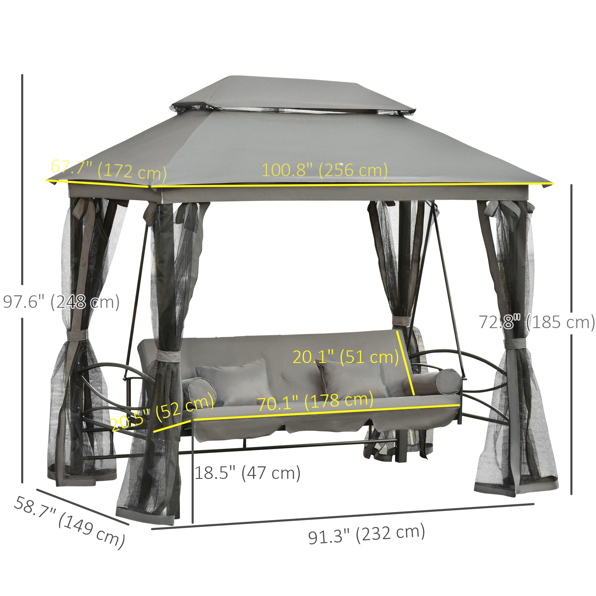 Outsunny 3 Person Outdoor Patio Daybed 3 in 1 Canopy Gazebo Swing Chair Garden Hammock with Mesh Mosquito Net and Sun Shade, Grey