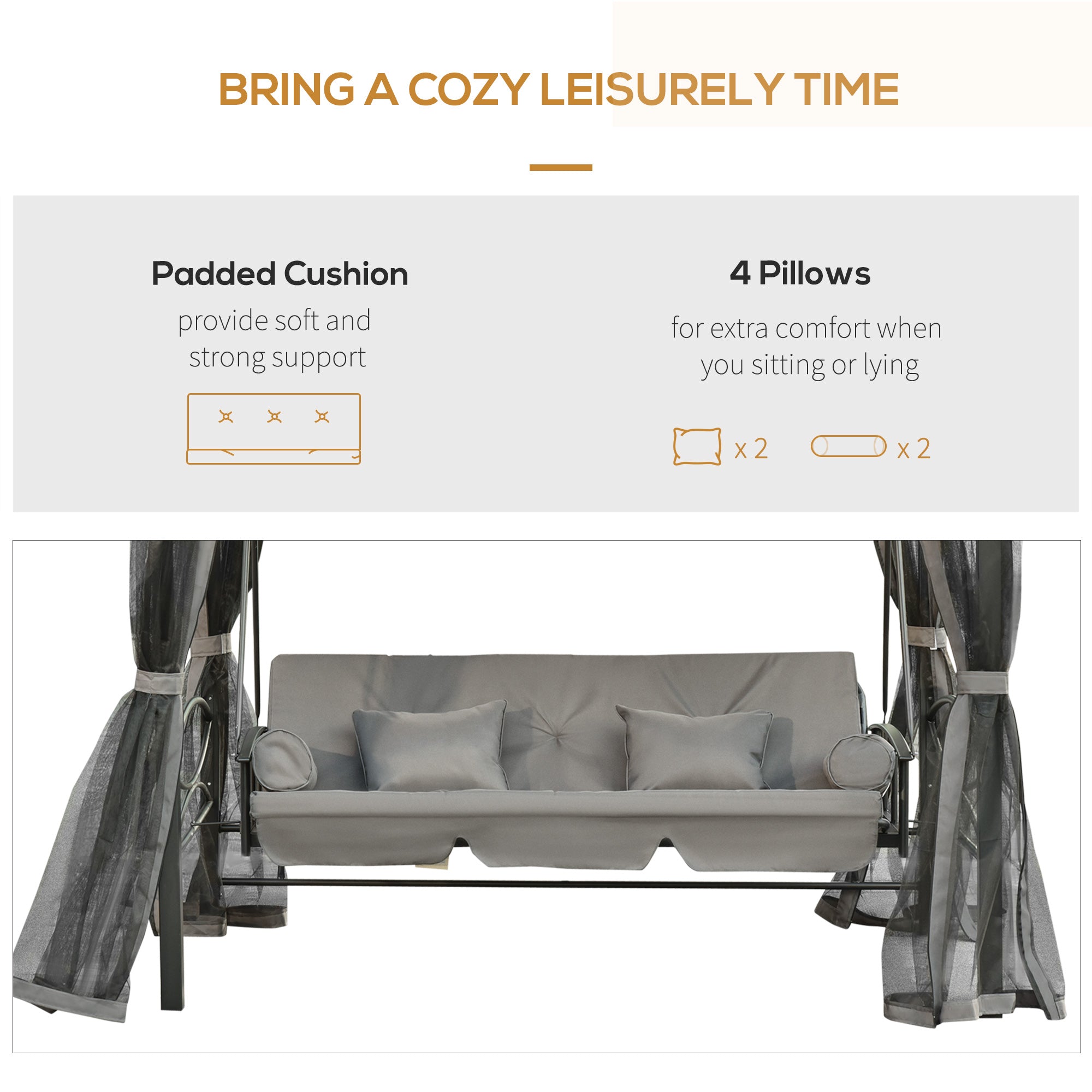 Outsunny 3 Person Outdoor Patio Daybed 3 in 1 Canopy Gazebo Swing Chair Garden Hammock with Mesh Mosquito Net and Sun Shade, Grey