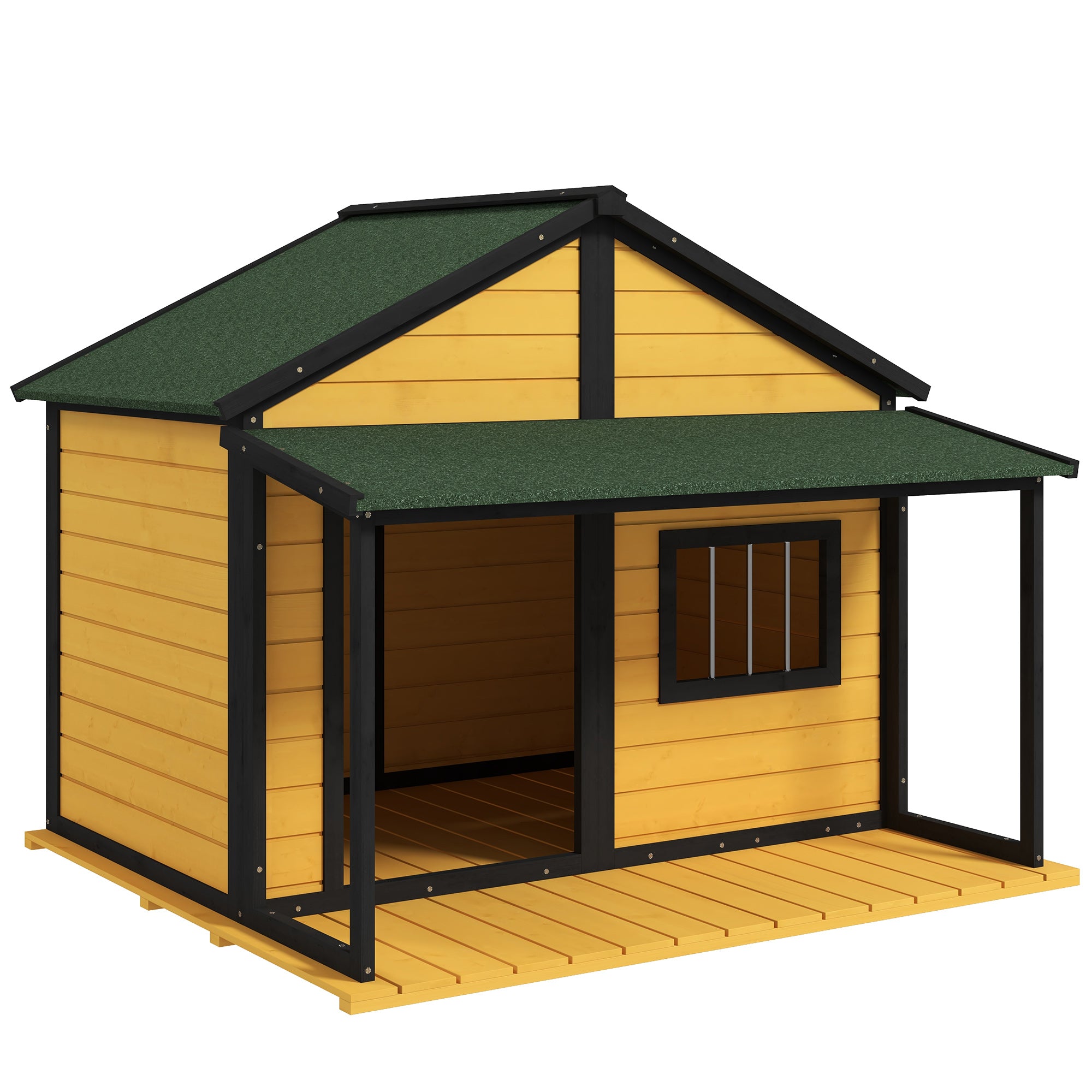 PawHut Outdoor Dog House Cabin Style, Wooden Raised Pet Kennel with Asphalt Roof, Front Door, Side Window, Porch for Medium and Large Dogs, Gray