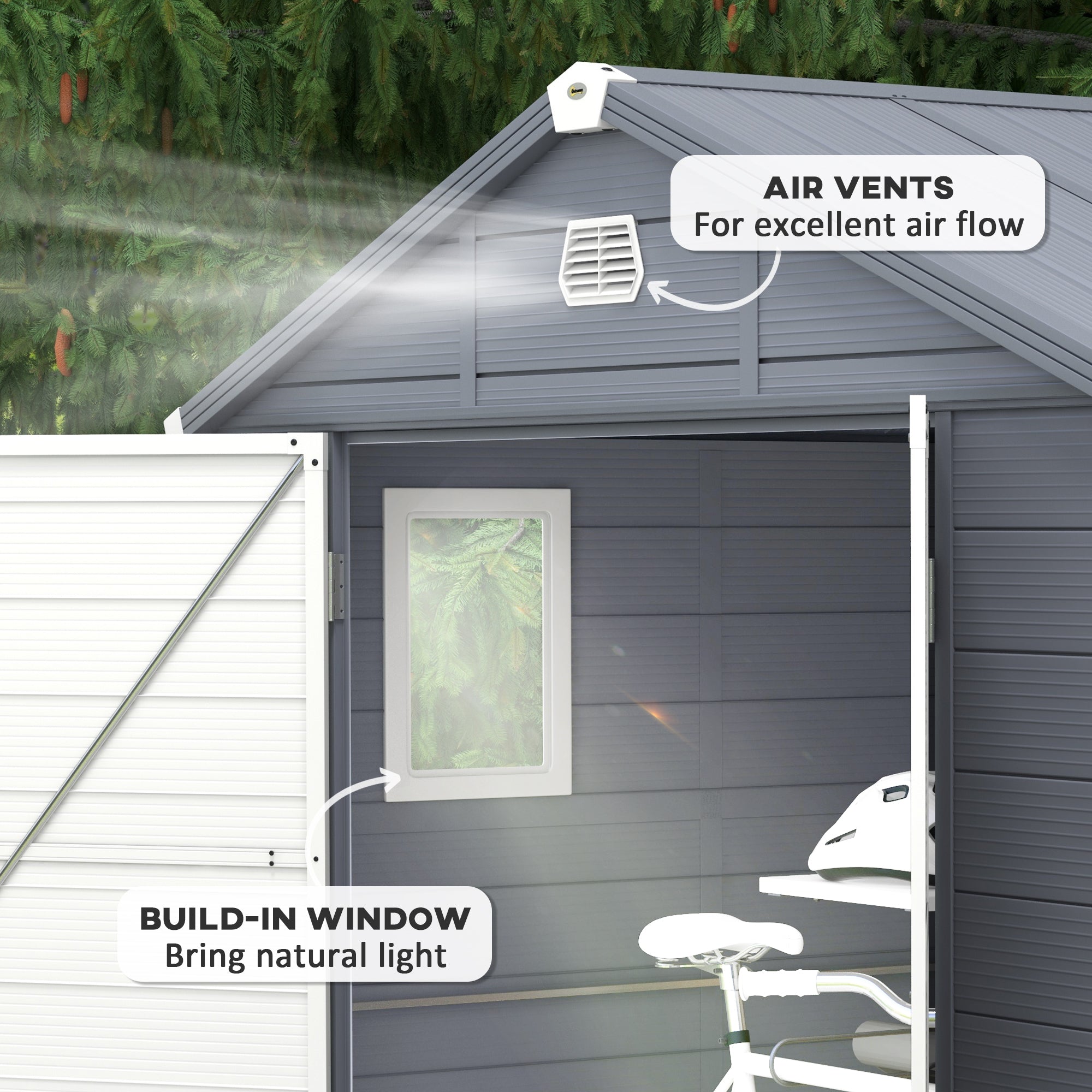 Outsunny 8' x 6' Garden Storage Shed, Outdoor Storage Patio Shed with Aluminum Frame, Galvanized Foundation Kit, Latched Door, Air Vents, Window for Backyard, Lawn, Light Grey
