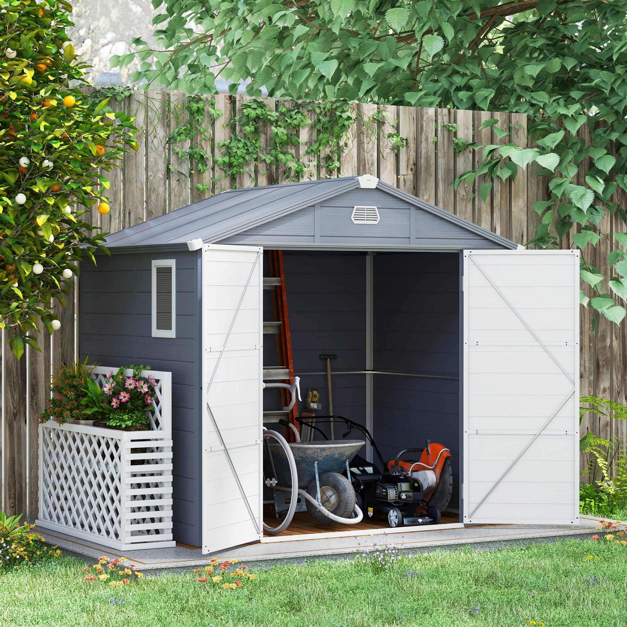 Outsunny 8' x 6' Garden Storage Shed, Outdoor Storage Patio Shed with Aluminum Frame, Galvanized Foundation Kit, Latched Door, Air Vents, Window for Backyard, Lawn, Light Grey
