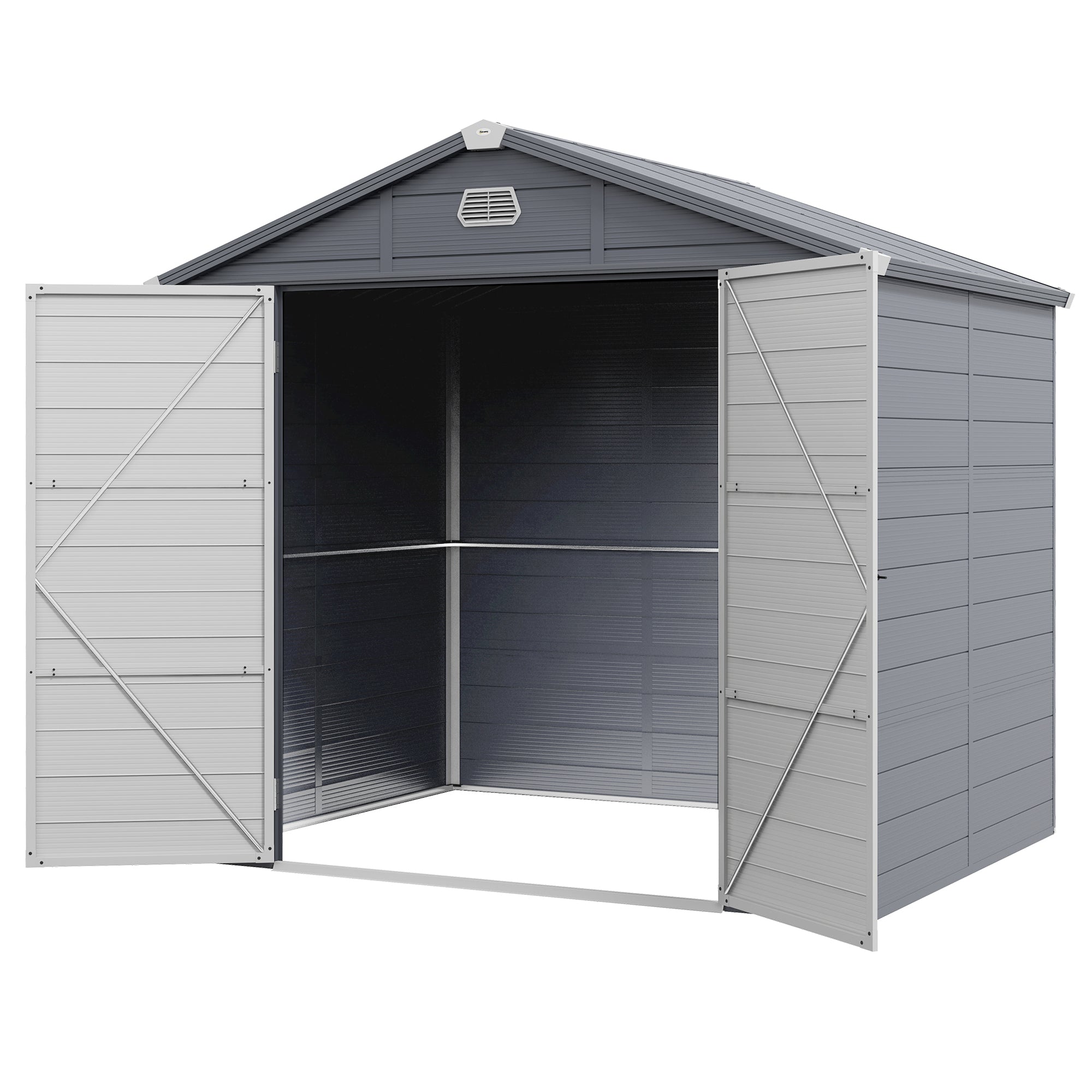 Outsunny 8' x 6' Garden Storage Shed, Outdoor Storage Patio Shed with Aluminum Frame, Galvanized Foundation Kit, Latched Door, Air Vents, Window for Backyard, Lawn, Light Grey