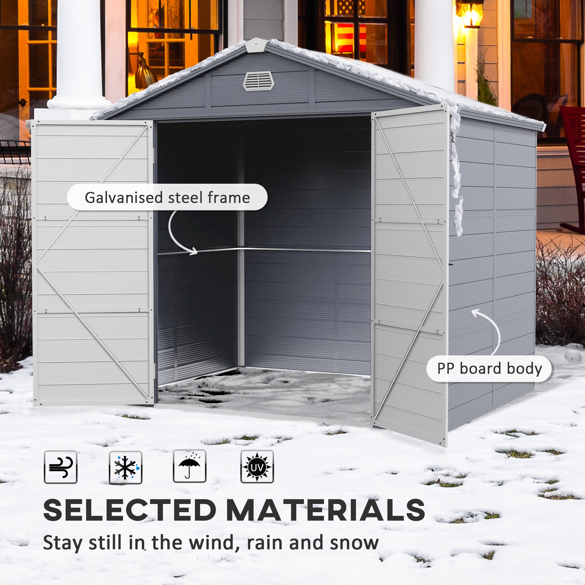 Outsunny 8' x 6' Garden Storage Shed, Outdoor Storage Patio Shed with Aluminum Frame, Galvanized Foundation Kit, Latched Door, Air Vents, Window for Backyard, Lawn, Light Grey