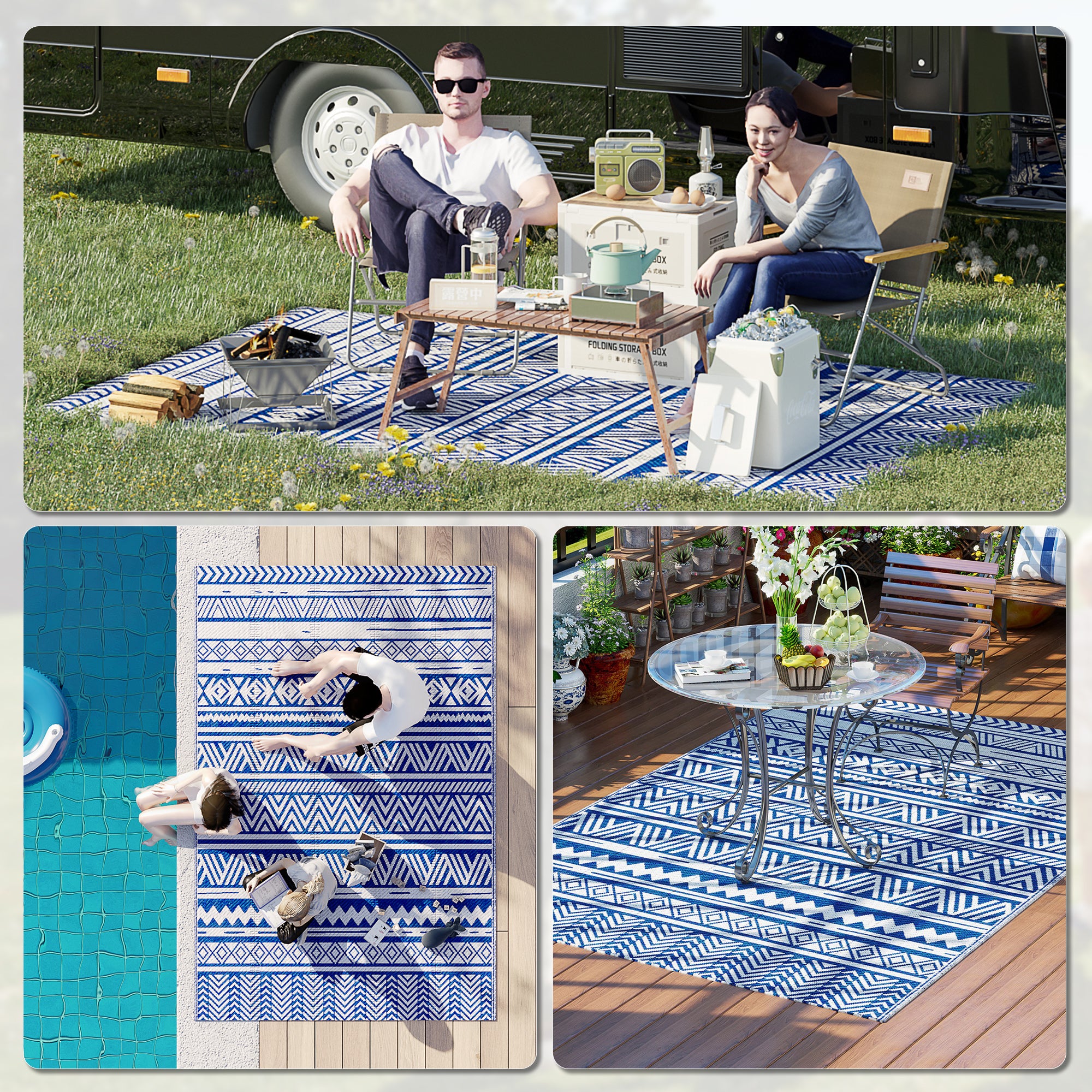 Outsunny Reversible Outdoor RV Rug, 6' x 9' Patio Floor Mat, Outdoor Carpet for Backyard, Deck, Picnic, Beach, Camping, Dark Blue and White