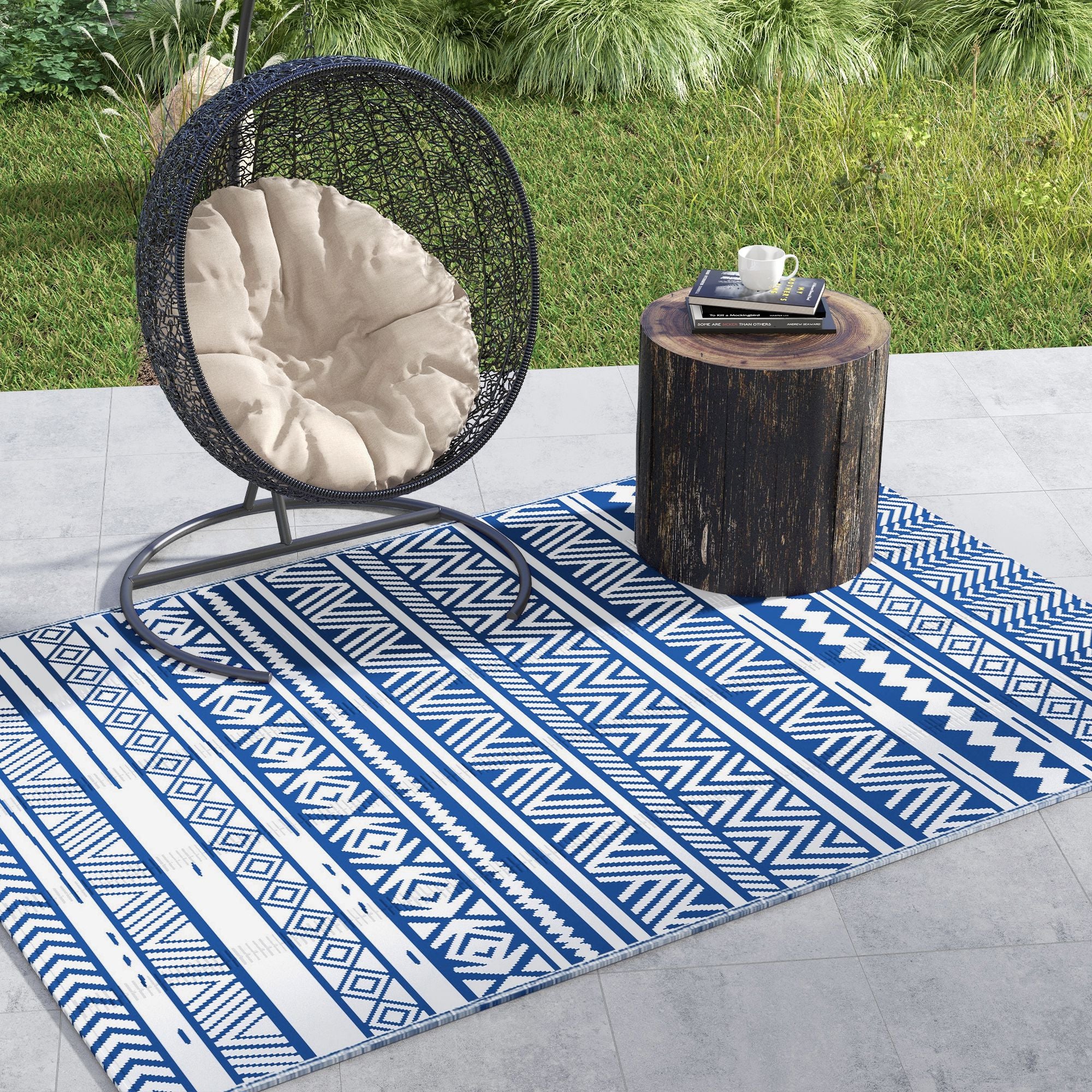 Outsunny Reversible Outdoor RV Rug, 6' x 9' Patio Floor Mat, Outdoor Carpet for Backyard, Deck, Picnic, Beach, Camping, Dark Blue and White