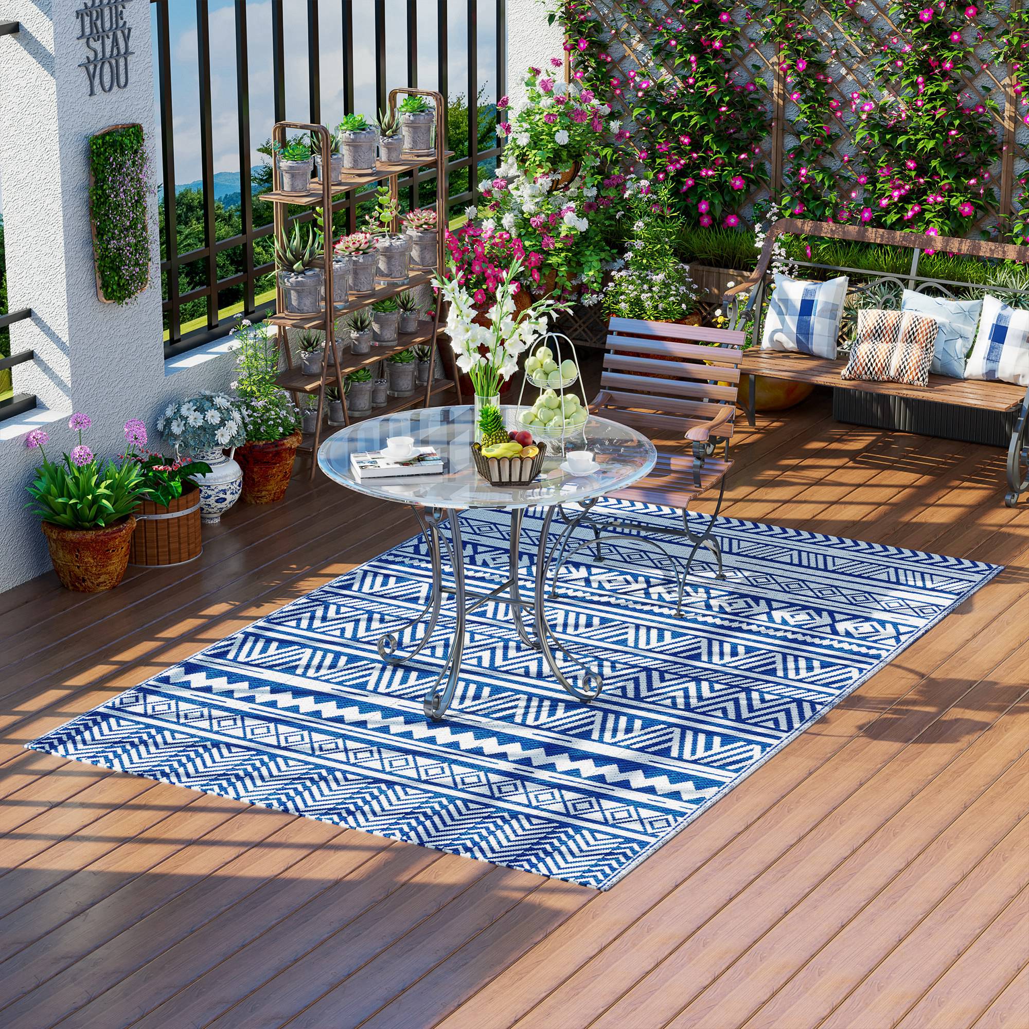 Outsunny Reversible Outdoor RV Rug, 6' x 9' Patio Floor Mat, Outdoor Carpet for Backyard, Deck, Picnic, Beach, Camping, Dark Blue and White