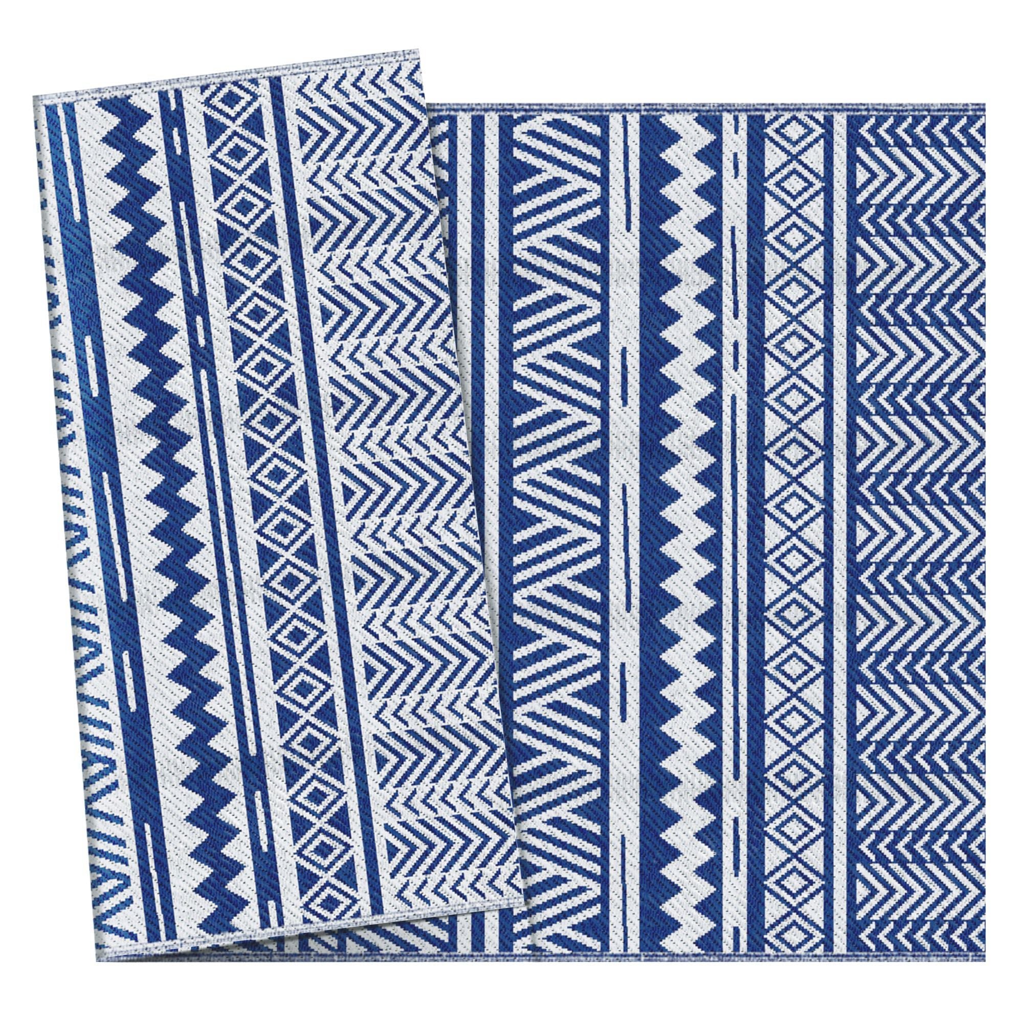 Outsunny Reversible Outdoor RV Rug, 6' x 9' Patio Floor Mat, Outdoor Carpet for Backyard, Deck, Picnic, Beach, Camping, Dark Blue and White