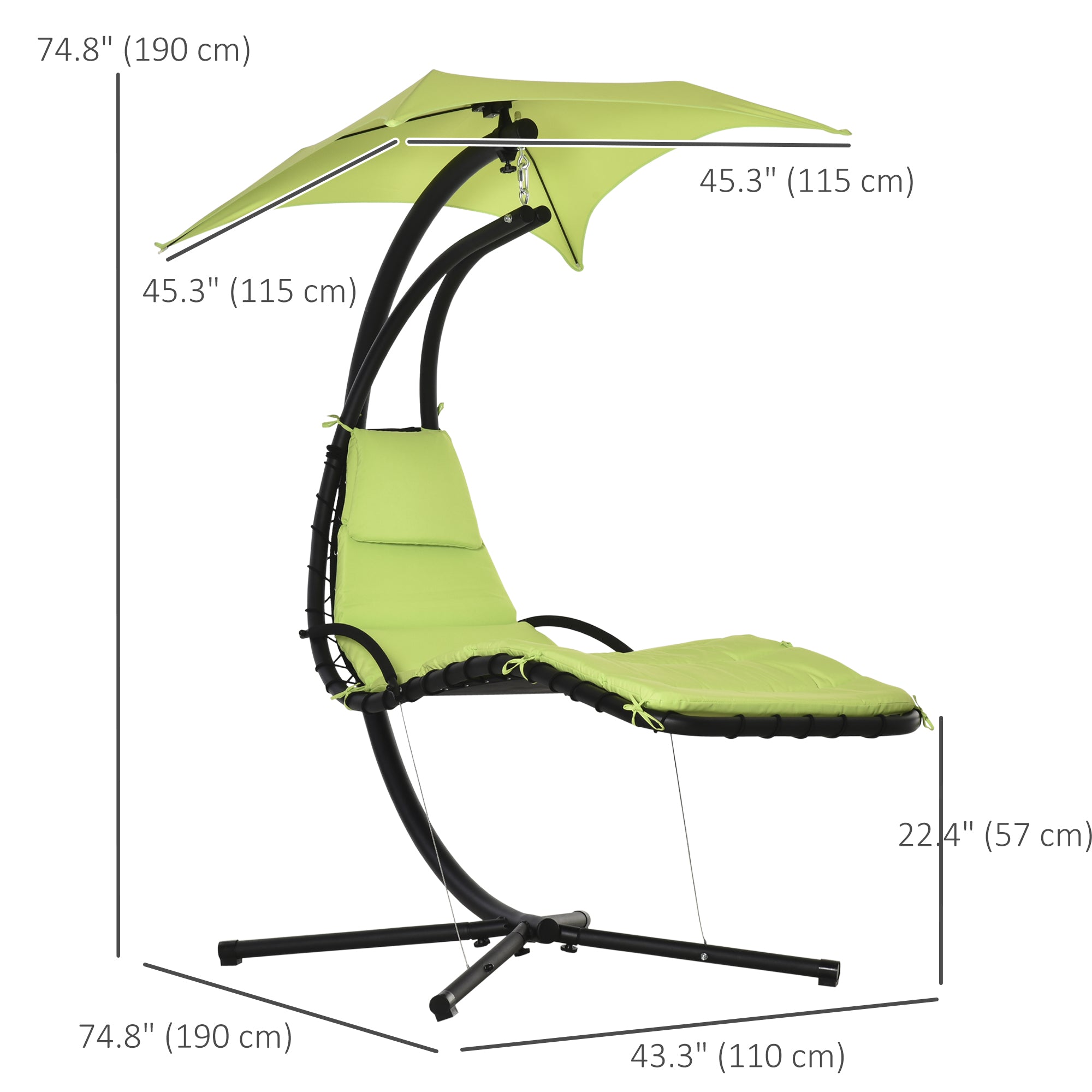 Outsunny Outdoor Hammock Chair with Stand, Floating Chaise Lounge Chair with Soft Padded Cushion, Hanging Hammock Swing Reclining Seat with Canopy Umbrella, Green