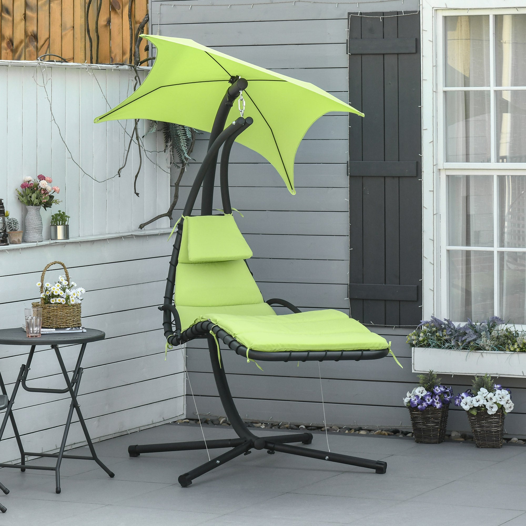 Outsunny Outdoor Hammock Chair with Stand, Floating Chaise Lounge Chair with Soft Padded Cushion, Hanging Hammock Swing Reclining Seat with Canopy Umbrella, Green