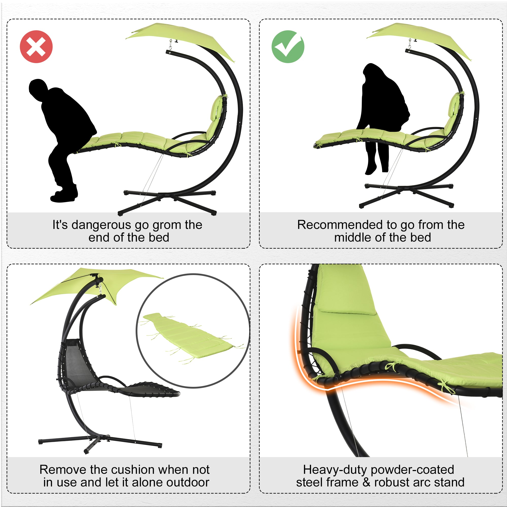 Outsunny Outdoor Hammock Chair with Stand, Floating Chaise Lounge Chair with Soft Padded Cushion, Hanging Hammock Swing Reclining Seat with Canopy Umbrella, Green
