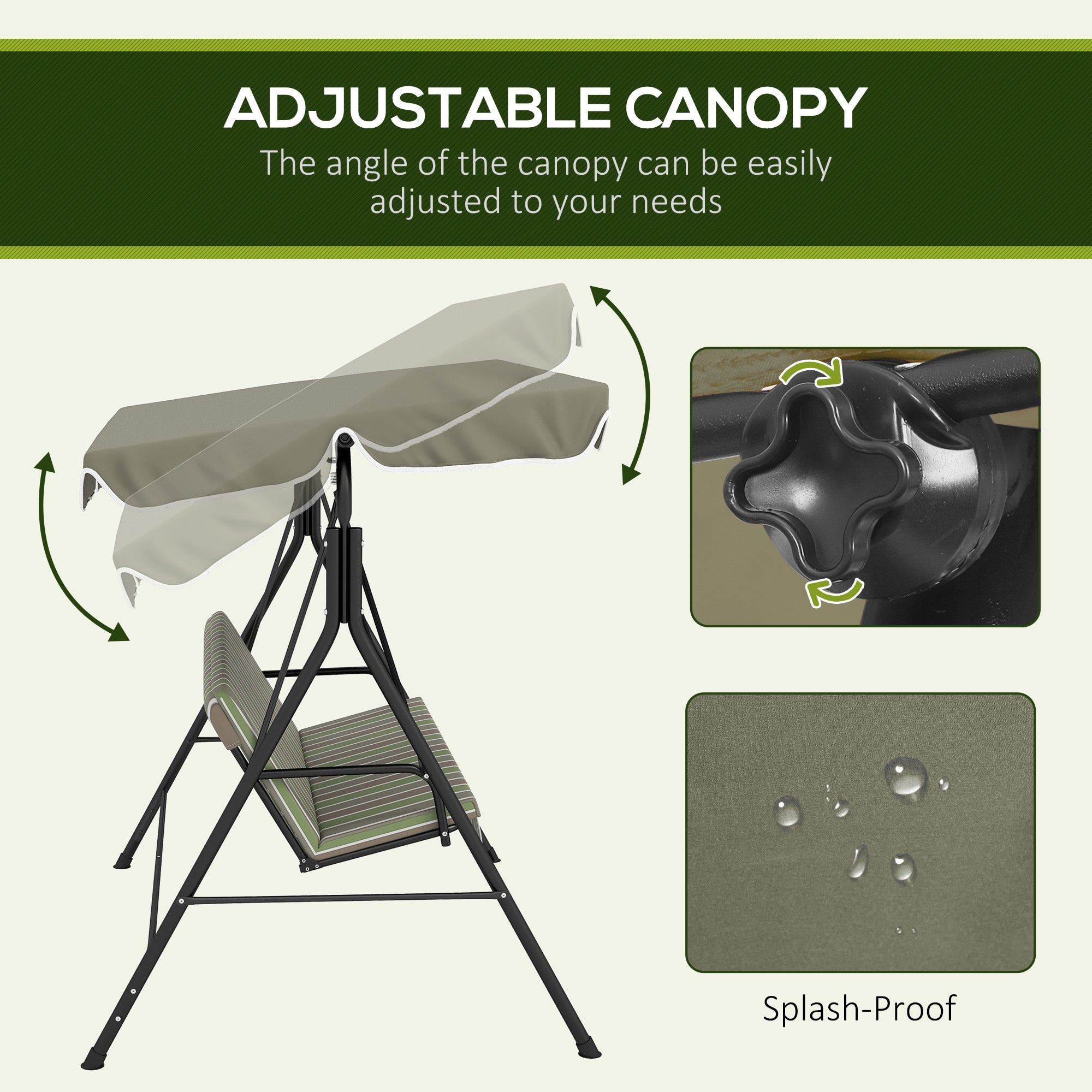 Outsunny 3-Seat Patio Swing Chair, Outdoor Porch Swing Glider with Adjustable Canopy, Removable Cushion, and Weather Resistant Steel Frame, for Garden, Poolside, Backyard, Green