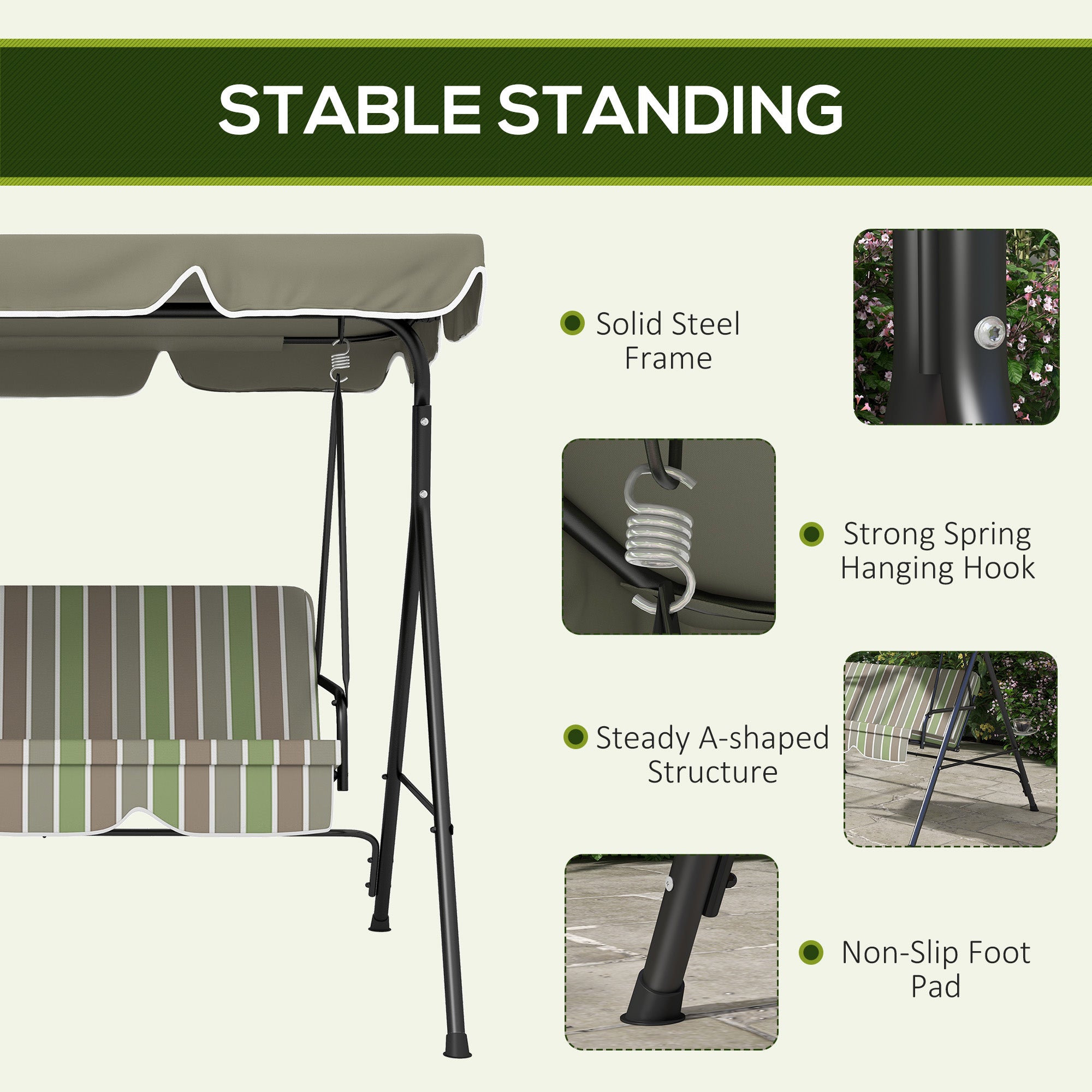 Outsunny 3-Seat Patio Swing Chair, Outdoor Porch Swing Glider with Adjustable Canopy, Removable Cushion, and Weather Resistant Steel Frame, for Garden, Poolside, Backyard, Green