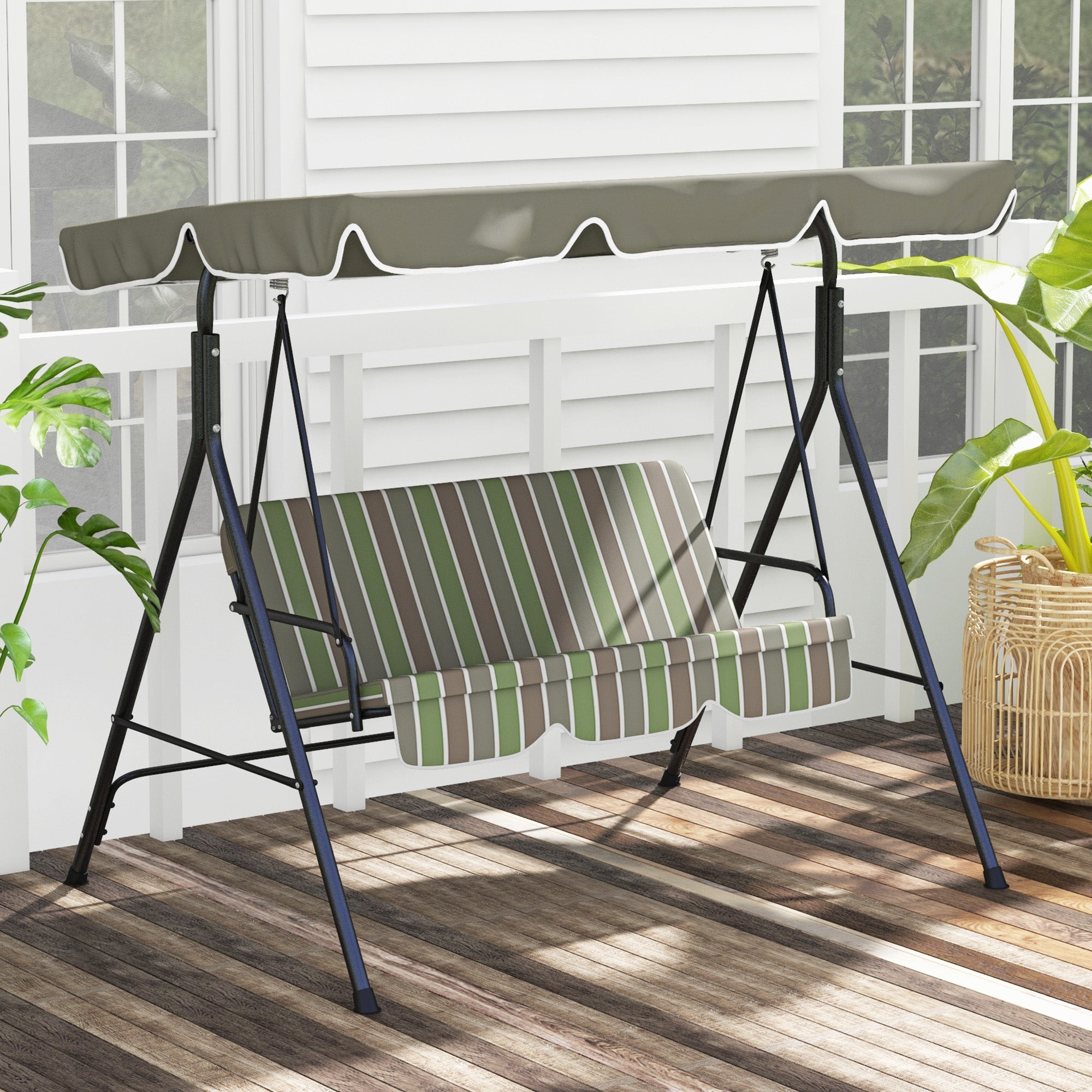 Outsunny 3-Seat Patio Swing Chair, Outdoor Porch Swing Glider with Adjustable Canopy, Removable Cushion, and Weather Resistant Steel Frame, for Garden, Poolside, Backyard, Green